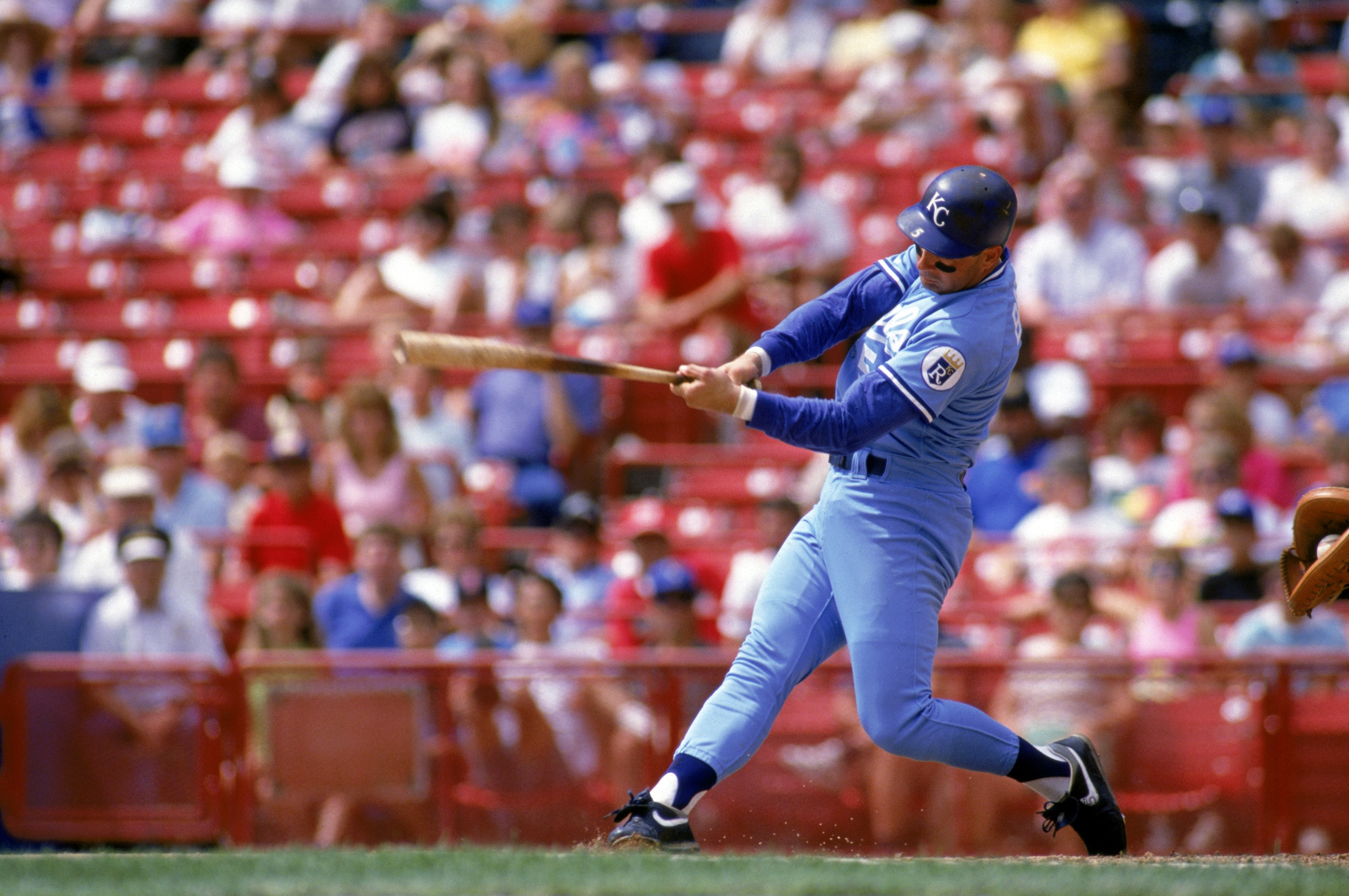 MILWAUKEE - 1990:  George Brett #5 of the Kansas City Royals bats during a game in the 1990 season against the Milwaukee Brewers at County Stadium in Milwaukee, Wisconsin.  (Photo by Rick Stewart/Getty Images)