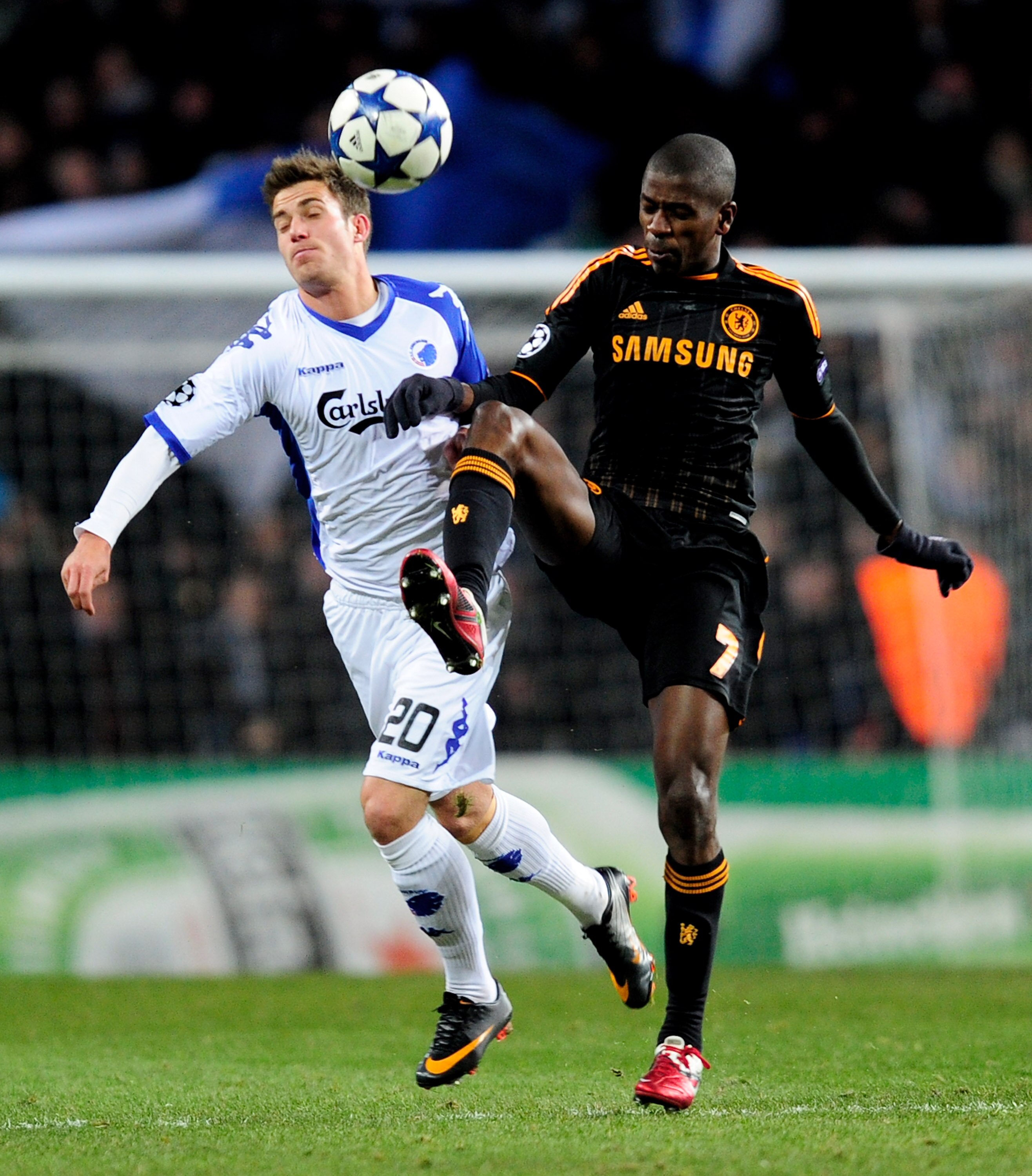 COPENHAGEN, DENMARK - FEBRUARY 22:  Martin Vingaard of FC Copenhagen competes with Ramires of Chelsea during the UEFA Champions League round of 16 first leg match between FC Copenhagen and Chelsea at Parken Stadium on February 22, 2011 in Copenhagen, Denm