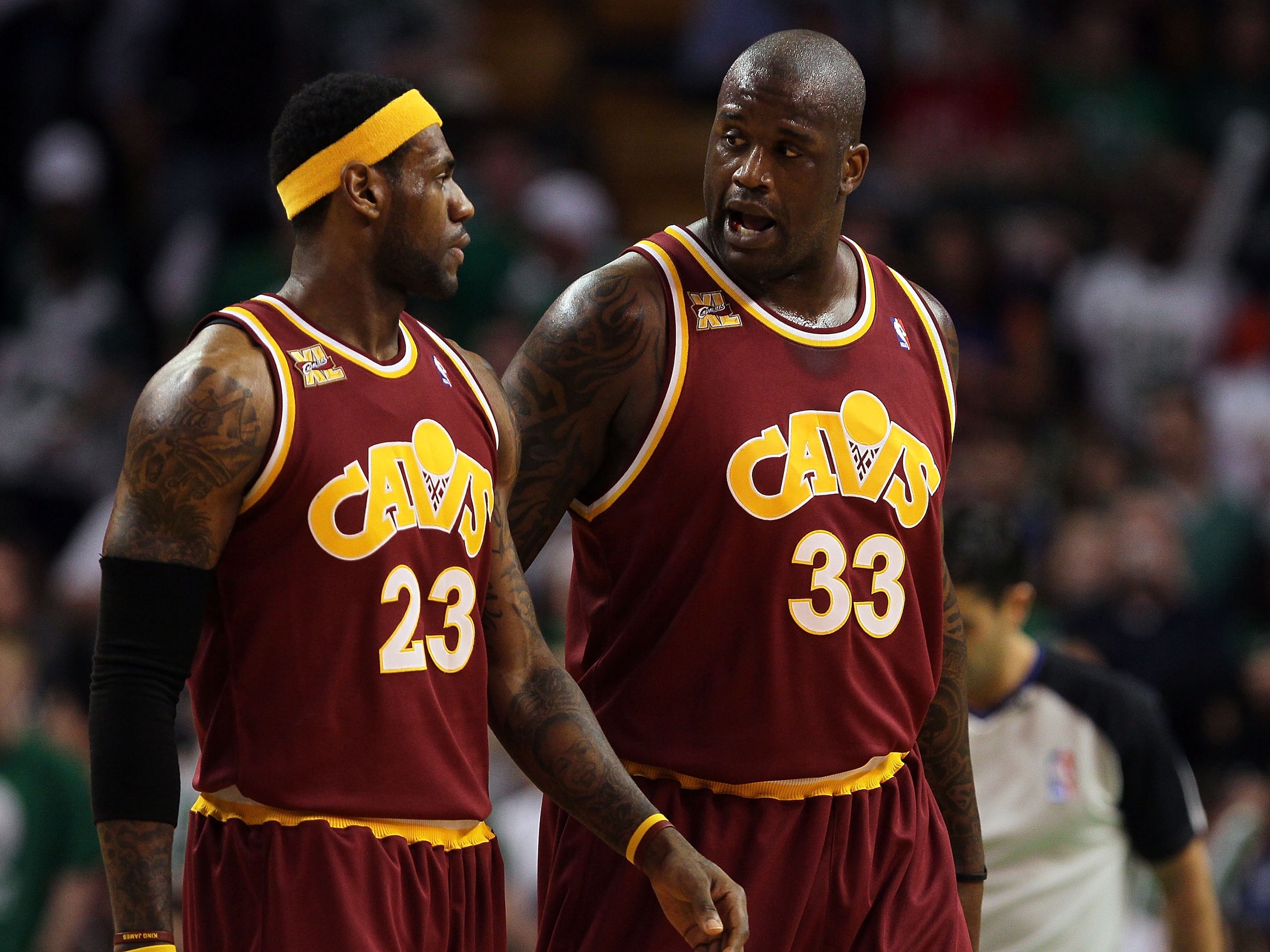 BOSTON - MAY 07:  LeBron James #23 and Shaquille O'Neal #33 of the Cleveland Cavaliers confer during action against  the Boston Celtics in Game Three of the Eastern Conference Semifinals of the 2010 NBA Playoffs at TD Banknorth Garden on May 7, 2010 in Bo