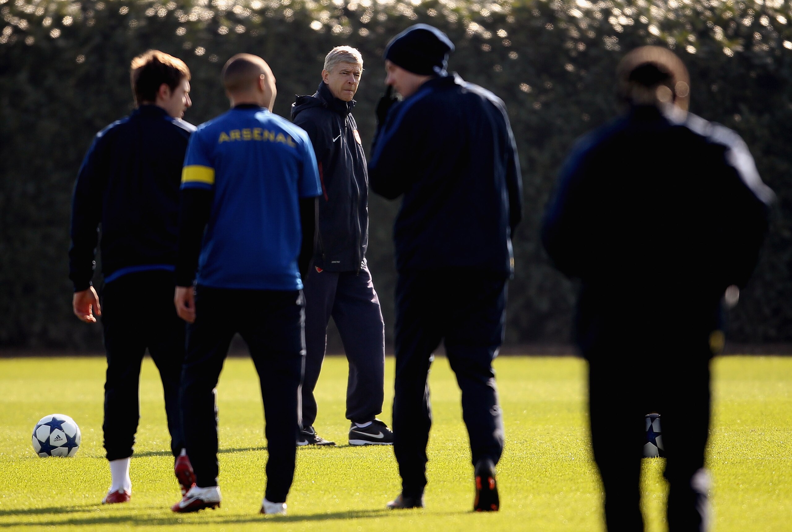 ST ALBANS, ENGLAND - MARCH 07:  Arsenal manager Arsene Wenger during a training session ahead of the UEFA Champions League Round of 16 second leg match against Barcelona at London Colney on March 7, 2011 in St Albans, England.  (Photo by Scott Heavey/Gett