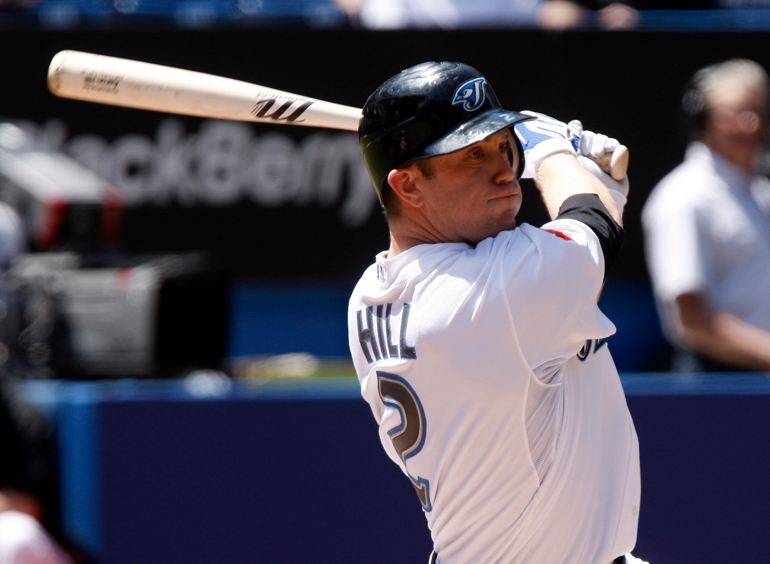 TORONTO - JUNE 5: Aaron Hill #2 of the Toronto Blue Jays belts the game winning run against the New York Yankees at the Rogers Centre during a MLB game June 5, 2010 in Toronto, Ontario, Canada. (Photo by Abelimages/Getty Images)