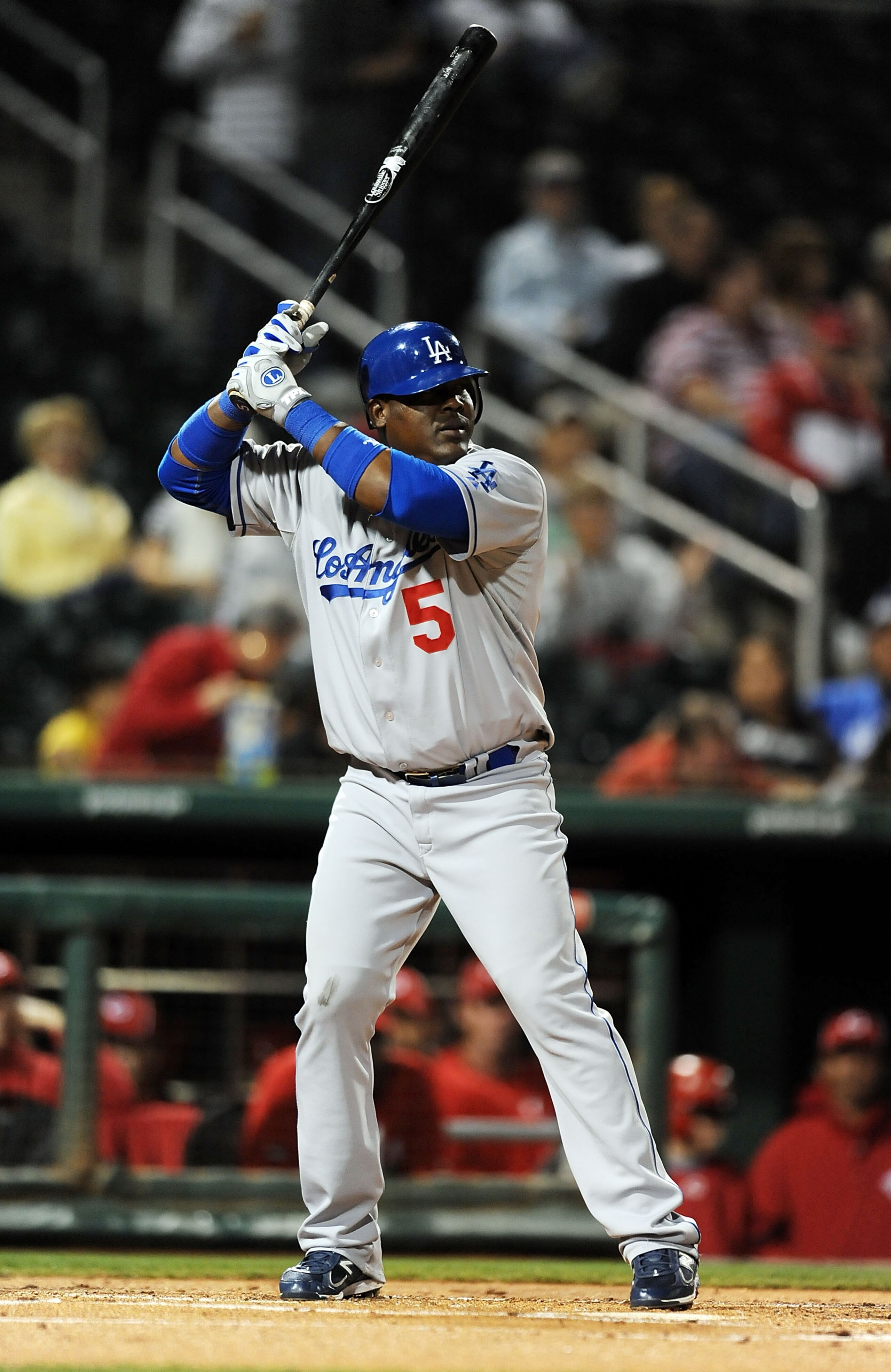 GOODYEAR, AZ - MARCH 03:  Juan Uribe #5 of the Los Angeles Dodgers gets ready in the batters box against the Cincinnati Reds at Goodyear Ballpark on March 3, 2011 in Goodyear, Arizona.  (Photo by Norm Hall/Getty Images)