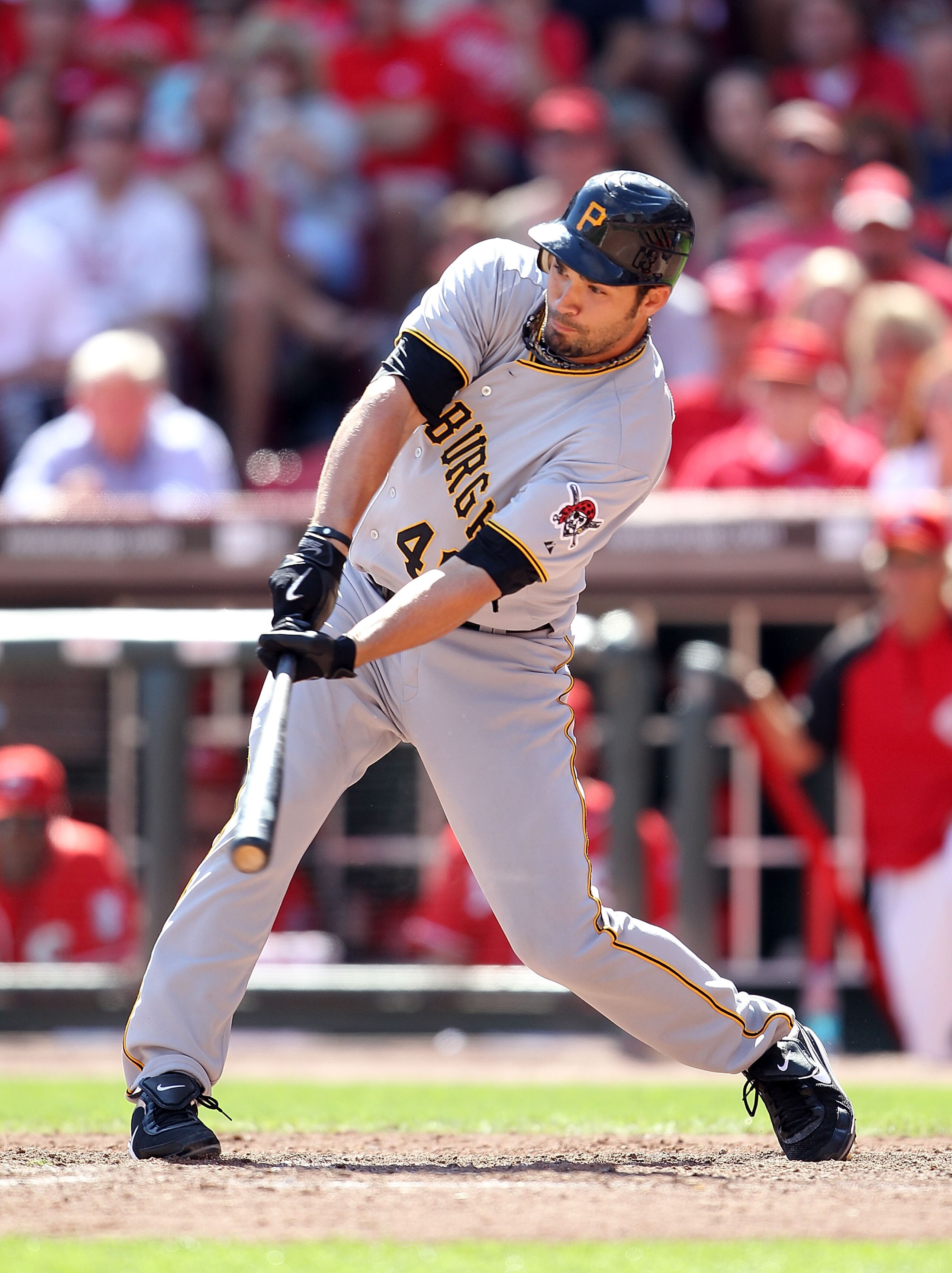 CINCINNATI - SEPTEMBER 12:  Garrett Jones #46 of the Pittsburgh Pirates is pictured during the game against the Cincinnati Reds at Great American Ballpark on September 12, 2010 in Cincinnati, Ohio.  (Photo by Andy Lyons/Getty Images)