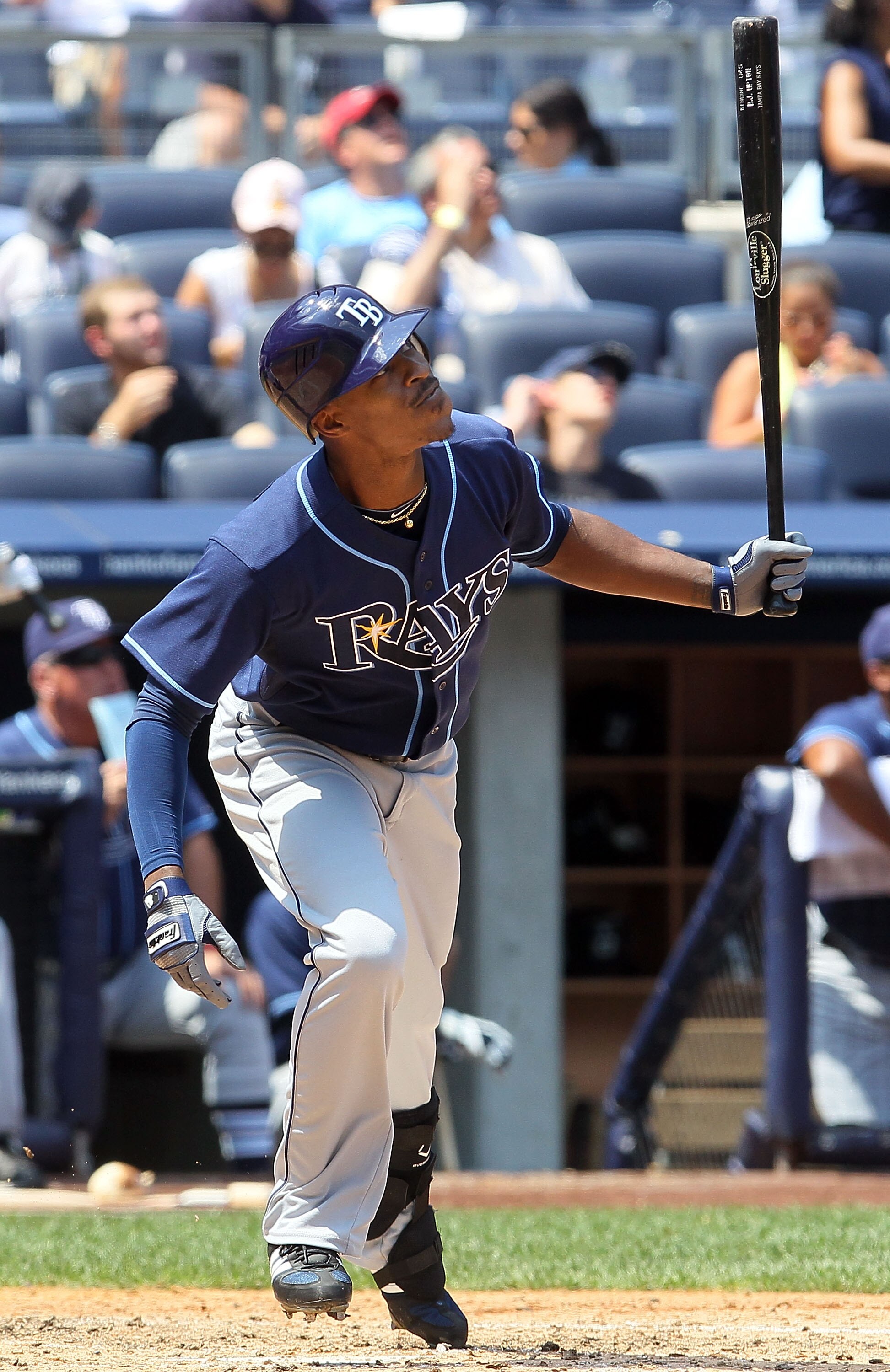 NEW YORK - JULY 18:  B.J. Upton #2 of the Tampa Bay Rays bats against the New York Yankees on July 18, 2010 at Yankee Stadium in the Bronx borough of New York City.  (Photo by Jim McIsaac/Getty Images)