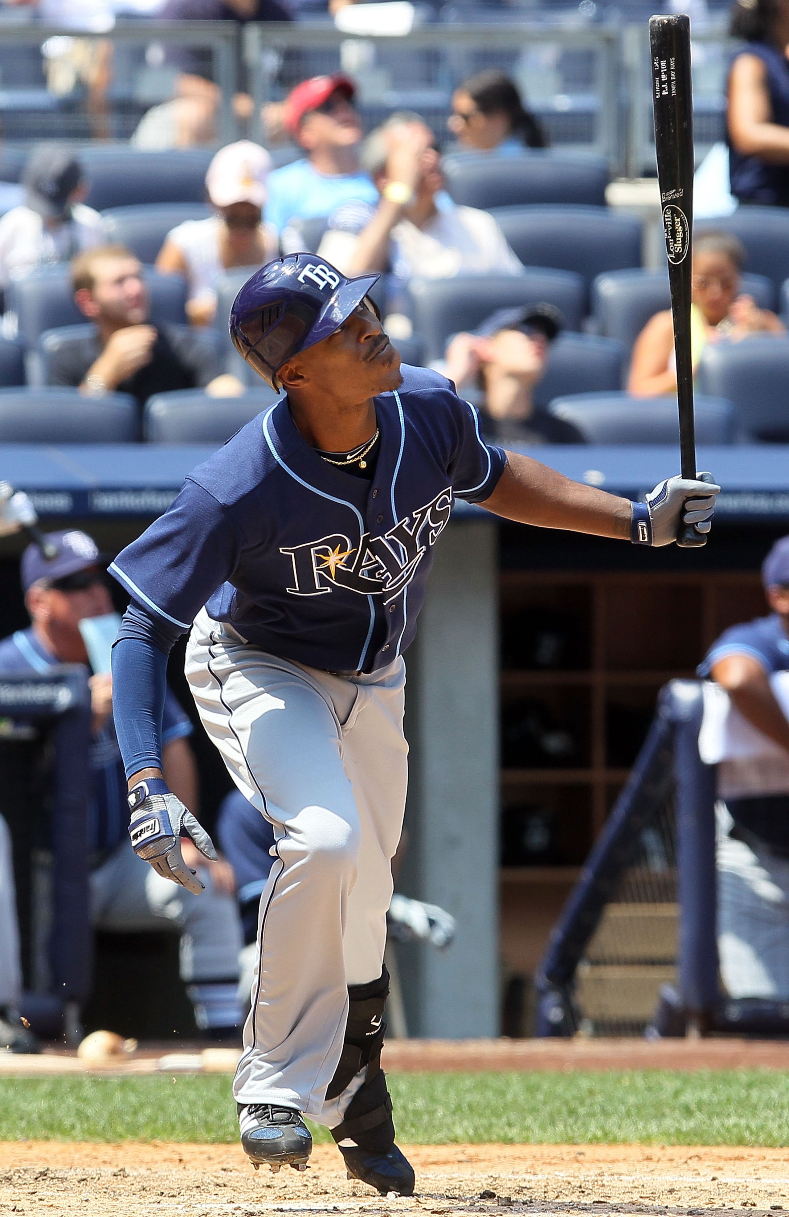 NEW YORK - JULY 18:  B.J. Upton #2 of the Tampa Bay Rays bats against the New York Yankees on July 18, 2010 at Yankee Stadium in the Bronx borough of New York City.  (Photo by Jim McIsaac/Getty Images)