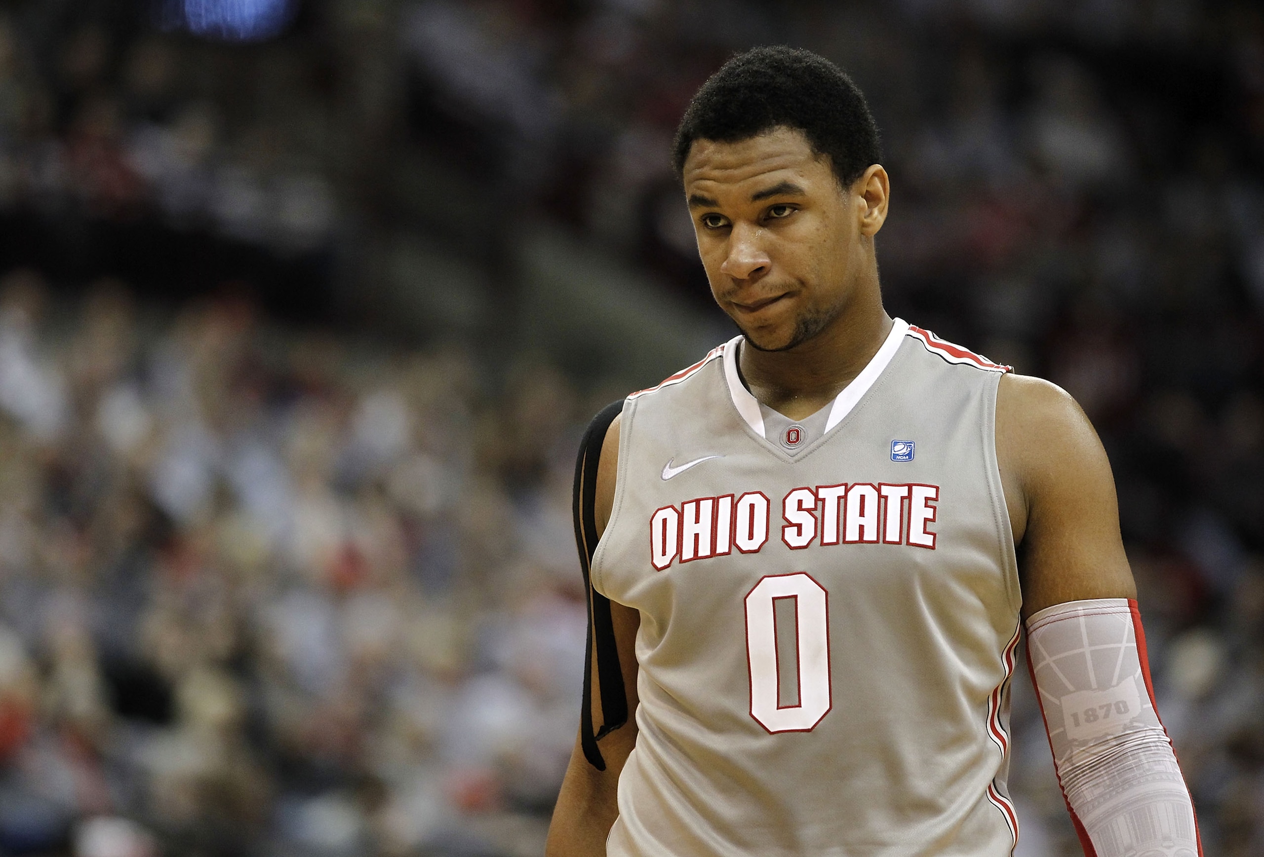 COLUMBUS, OH - MARCH 06:  Jared Sullinger #0 of the Ohio State Buckeyes looks on while playing the Wisconsin Badgers on March 6, 2011 at the Value City Arena in Columbus, Ohio. Ohio State won the game 93-65. (Photo by Gregory Shamus/Getty Images)