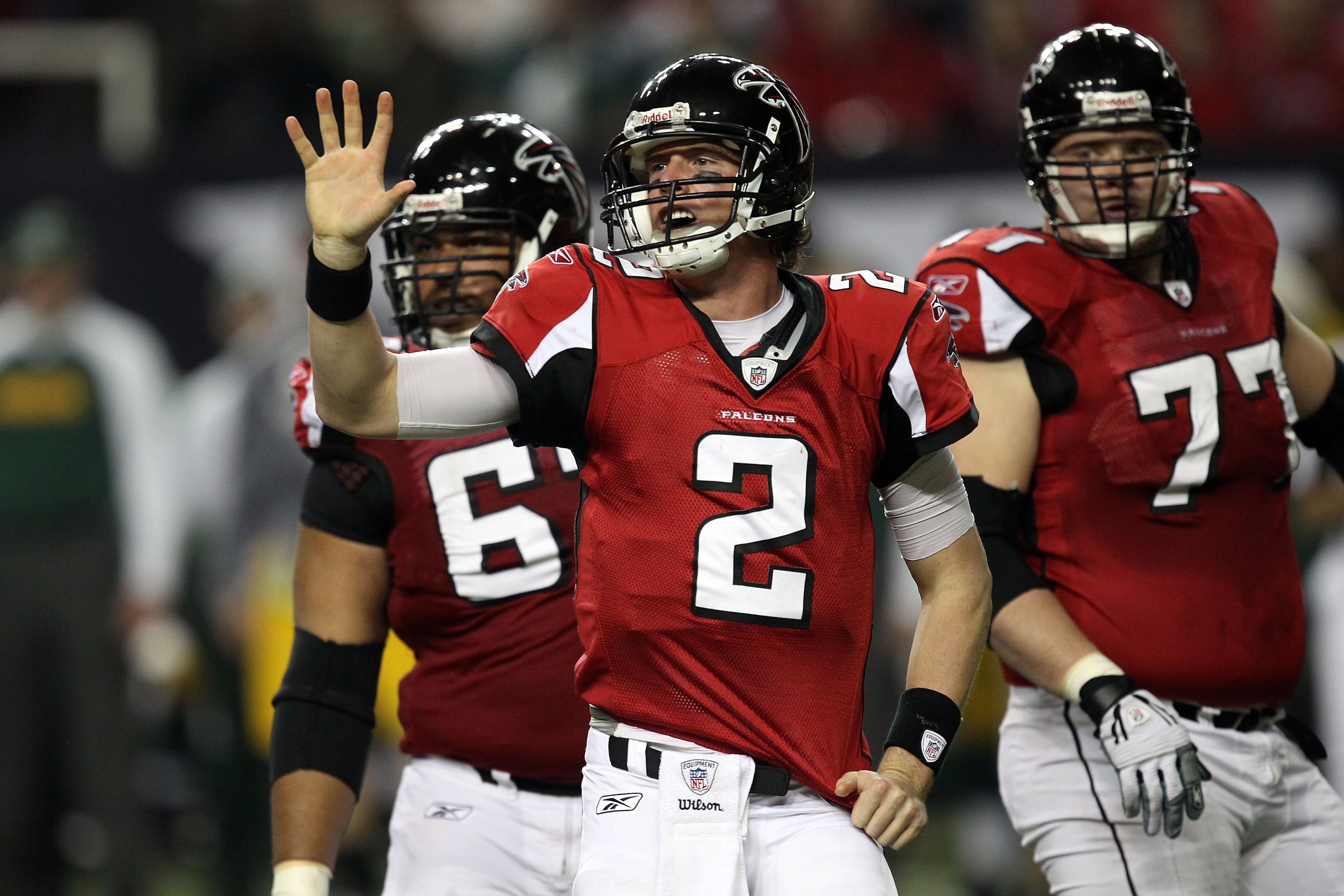 ATLANTA, GA - JANUARY 15:  Quarterback Matt Ryan #2 of the Atlanta Falcons gestures as he looks on against the Green Bay Packers during their 2011 NFC divisional playoff game at Georgia Dome on January 15, 2011 in Atlanta, Georgia. The Packers won 48-21.