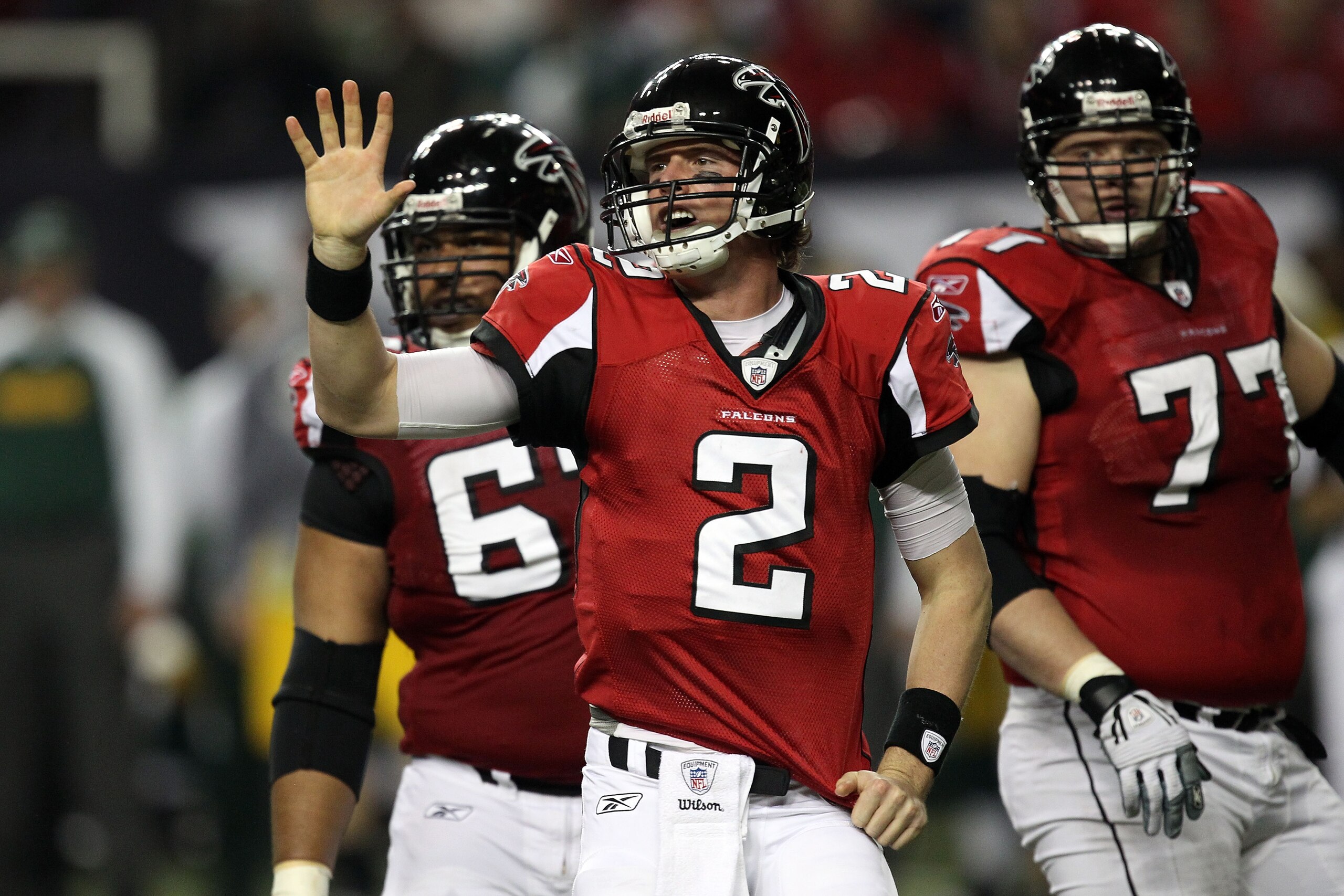 ATLANTA, GA - JANUARY 15:  Quarterback Matt Ryan #2 of the Atlanta Falcons gestures as he looks on against the Green Bay Packers during their 2011 NFC divisional playoff game at Georgia Dome on January 15, 2011 in Atlanta, Georgia. The Packers won 48-21.