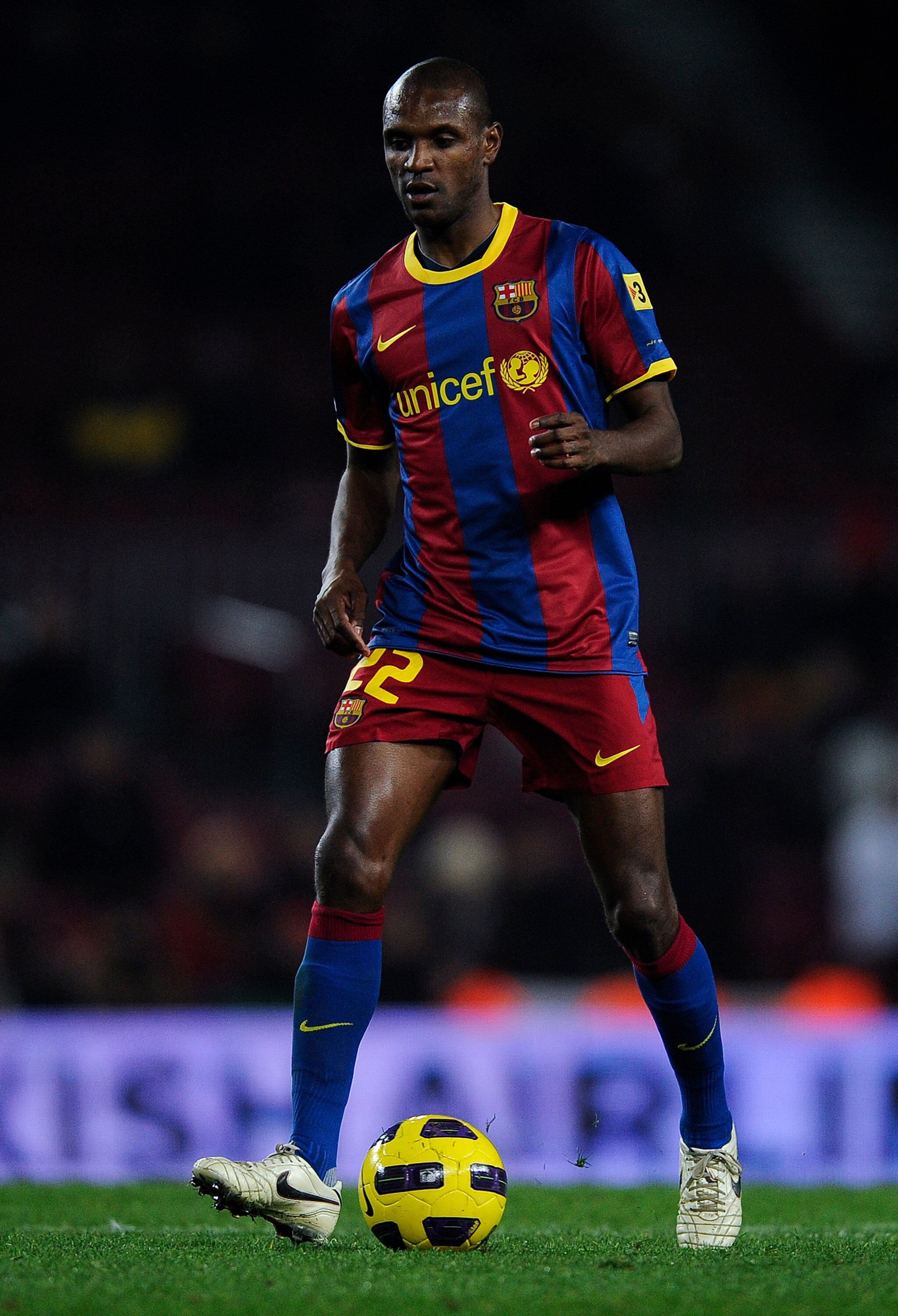 BARCELONA, SPAIN - JANUARY 26:  Eric Abidal of Barcelona runs with the ball during the Copa del Rey Semi Final First Leg match between Barcelona and Almeria at Camp Nou on January 26, 2011 in Barcelona, Spain. Barcelona won 5-0.  (Photo by David Ramos/Get