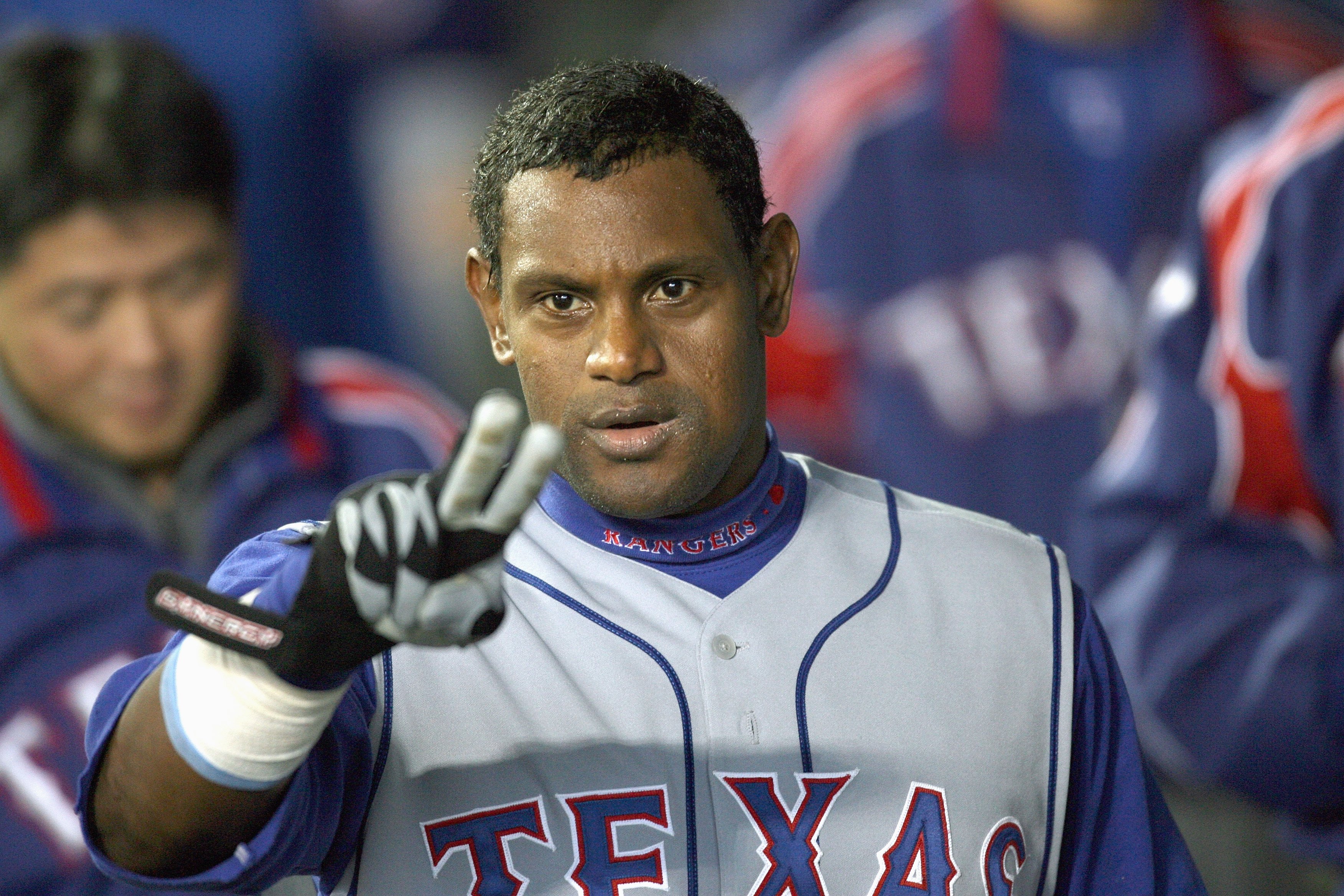 SEATTLE - APRIL 14: Sammy Sosa #21 of the Texas Rangers celebrates after hitting a two run homer against the Seattle Mariners on April 14, 2007 at Safeco Field in Seattle, Washington. (Photo by Otto Greule Jr/Getty Images)
