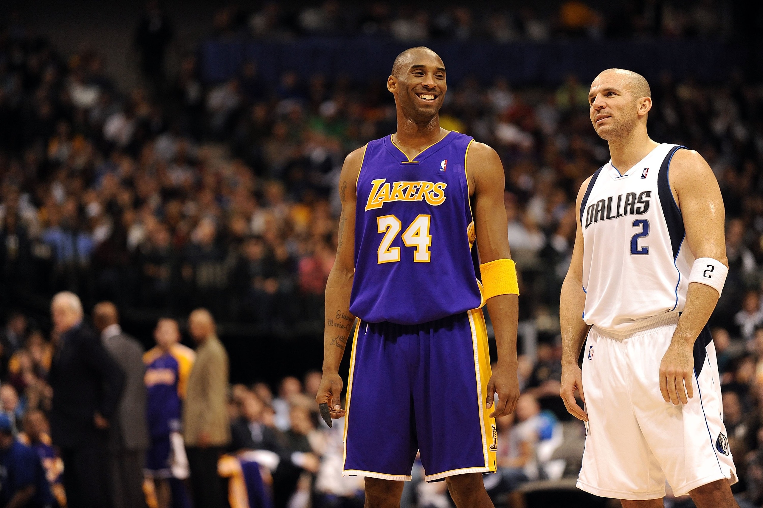 DALLAS - JANUARY 13:  Guard Kobe Bryant #24 of the Los Angeles Lakers and Jason Kidd #2 of the Dallas Mavericks on January 13, 2010 at American Airlines Center in Dallas, Texas.  NOTE TO USER: User expressly acknowledges and agrees that, by downloading an