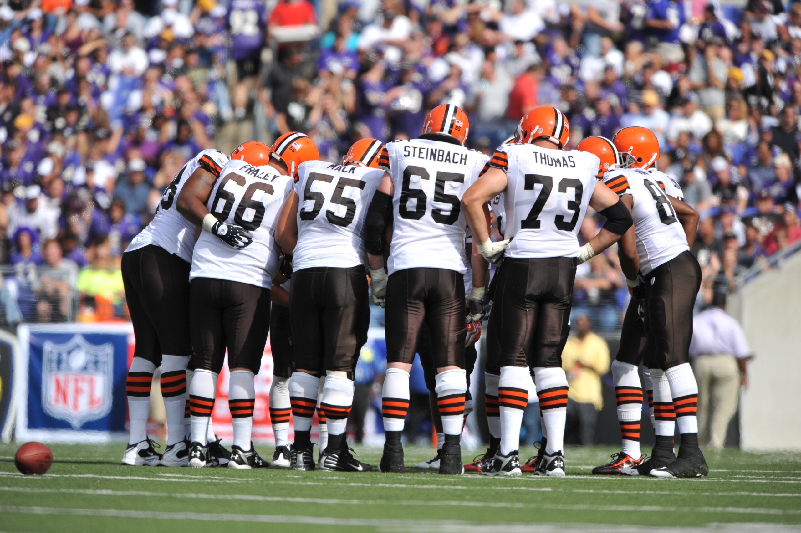 BALTIMORE - SEPTEMBER 27: The Cleveland Browns offense huddles during the game against the Baltimore Ravens at M&T Bank Stadium on September 27, 2009 in Baltimore, Maryland. The Ravens defeated the Browns 34-3. (Photo by Larry French/Getty Images) BALTIMORE - SEPTEMBER 27: The Cleveland Browns offense huddles during the game against the Baltimore Ravens at M&T Bank Stadium on September 27, 2009 in Baltimore, Maryland. The Ravens defeated the Browns 34-3. (Photo by Larry French/Getty Images)