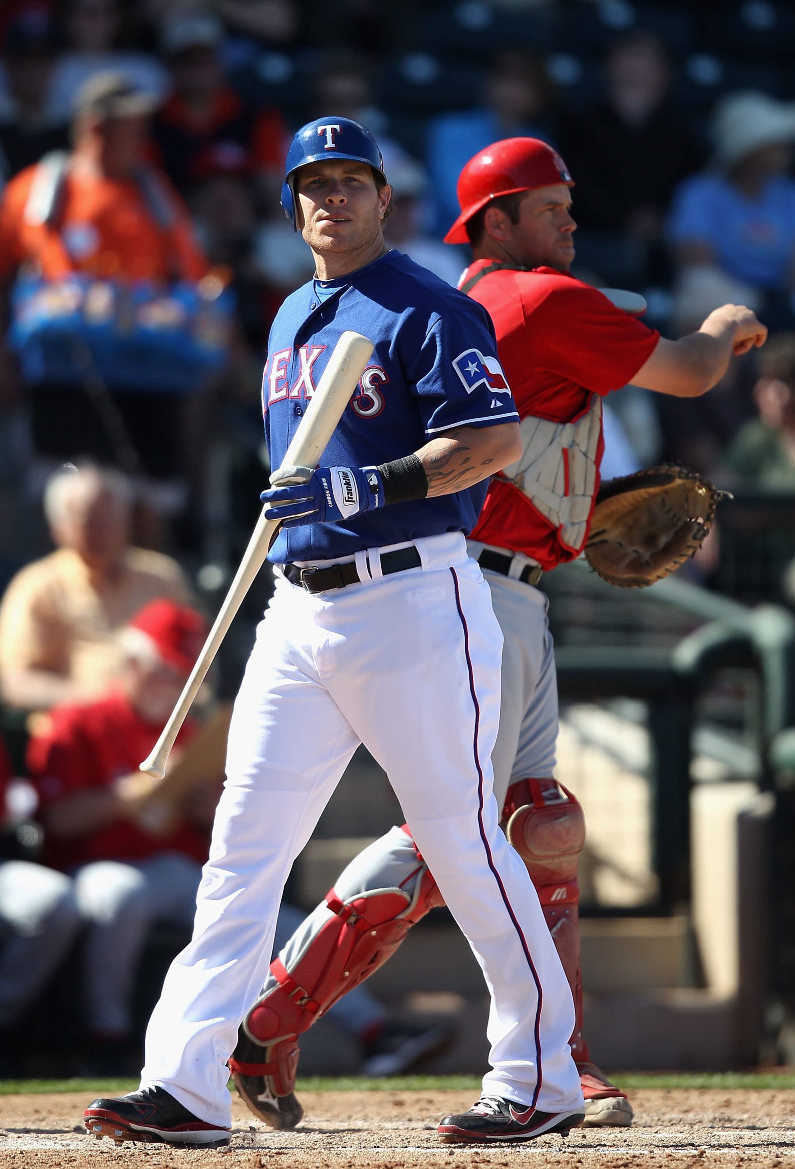 SURPRISE, AZ - MARCH 02: Josh Hamilton #32 of the Texas Rangers bats during the spring training game against the Los Angeles Angels of Anaheim at Surprise Stadium on March 2, 2011 in Surprise, Arizona. (Photo by Christian Petersen/Getty Images) SURPRISE, AZ - MARCH 02: Josh Hamilton #32 of the Texas Rangers bats during the spring training game against the Los Angeles Angels of Anaheim at Surprise Stadium on March 2, 2011 in Surprise, Arizona. (Photo by Christian Petersen/Getty Images)