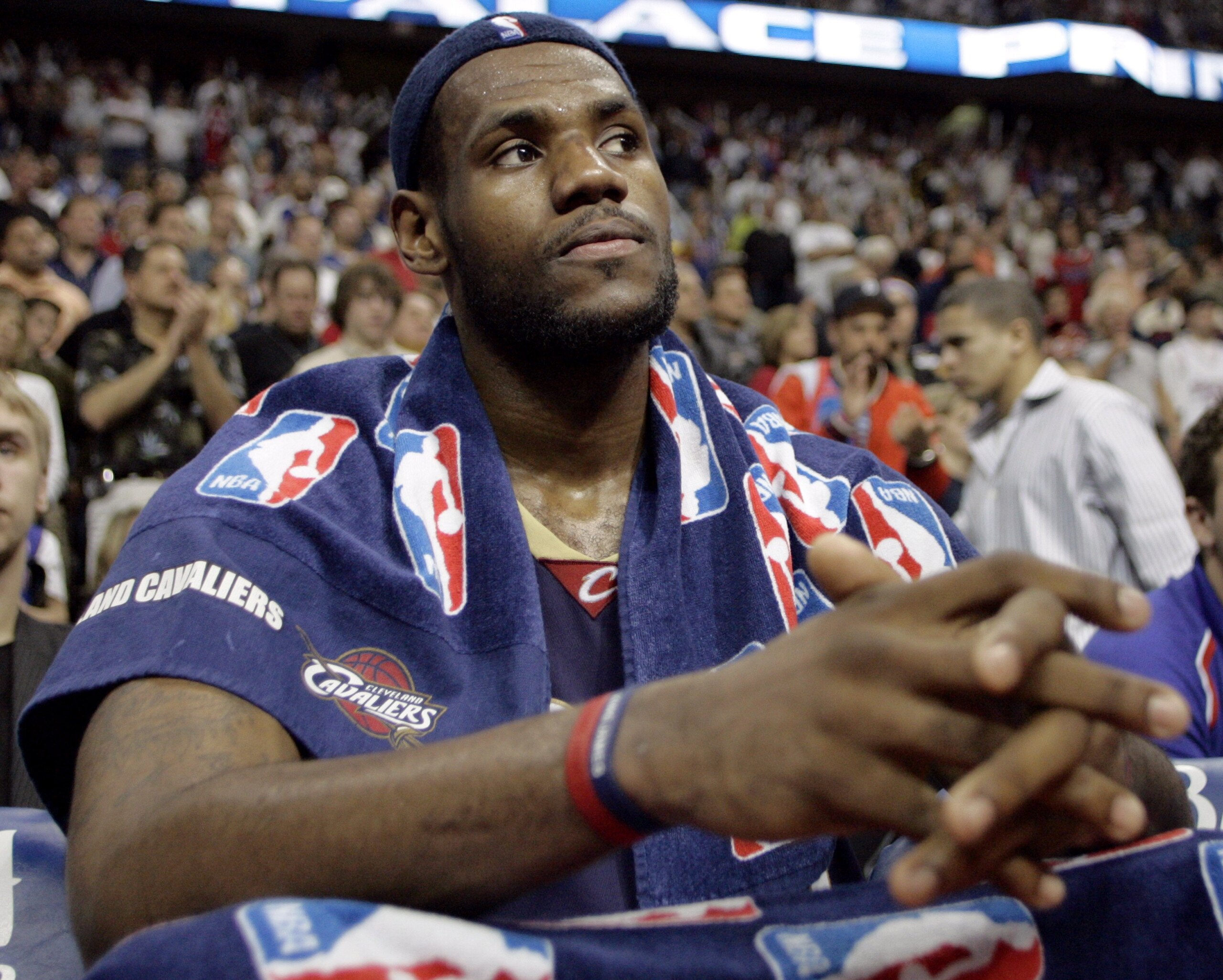AUBURN HILLS, MI - MAY 21: LeBron James #23 of the Cleveland sits on the bench during the final seconds of game seven of the Eastern Conference Semifinals against the Detroit Pistons during the 2006 NBA Playoffs on May 21, 2006 at the Palace of Aubrun Hil