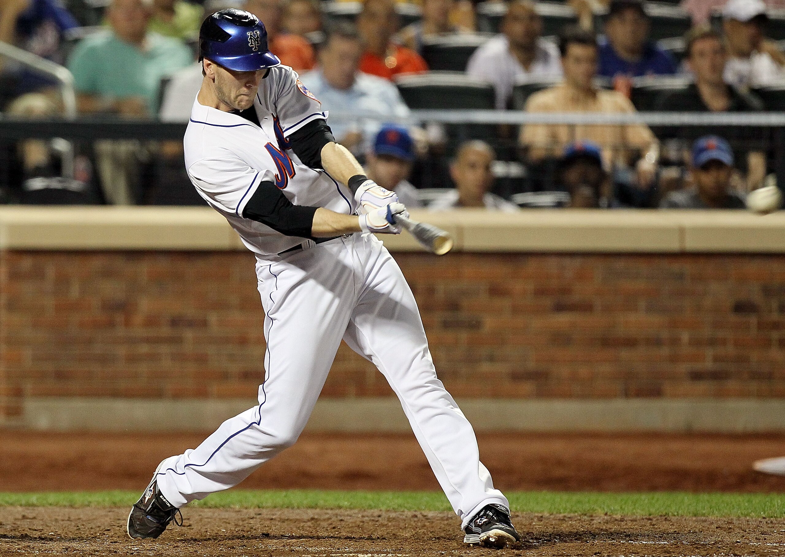 NEW YORK - JULY 06:  Jason Bay #44 of the New York Mets connects on a sixth inning two run single against the Cincinnati Reds on July 6, 2010 at Citi Field in the Flushing neighborhood of the Queens borough of New York City.  (Photo by Jim McIsaac/Getty I