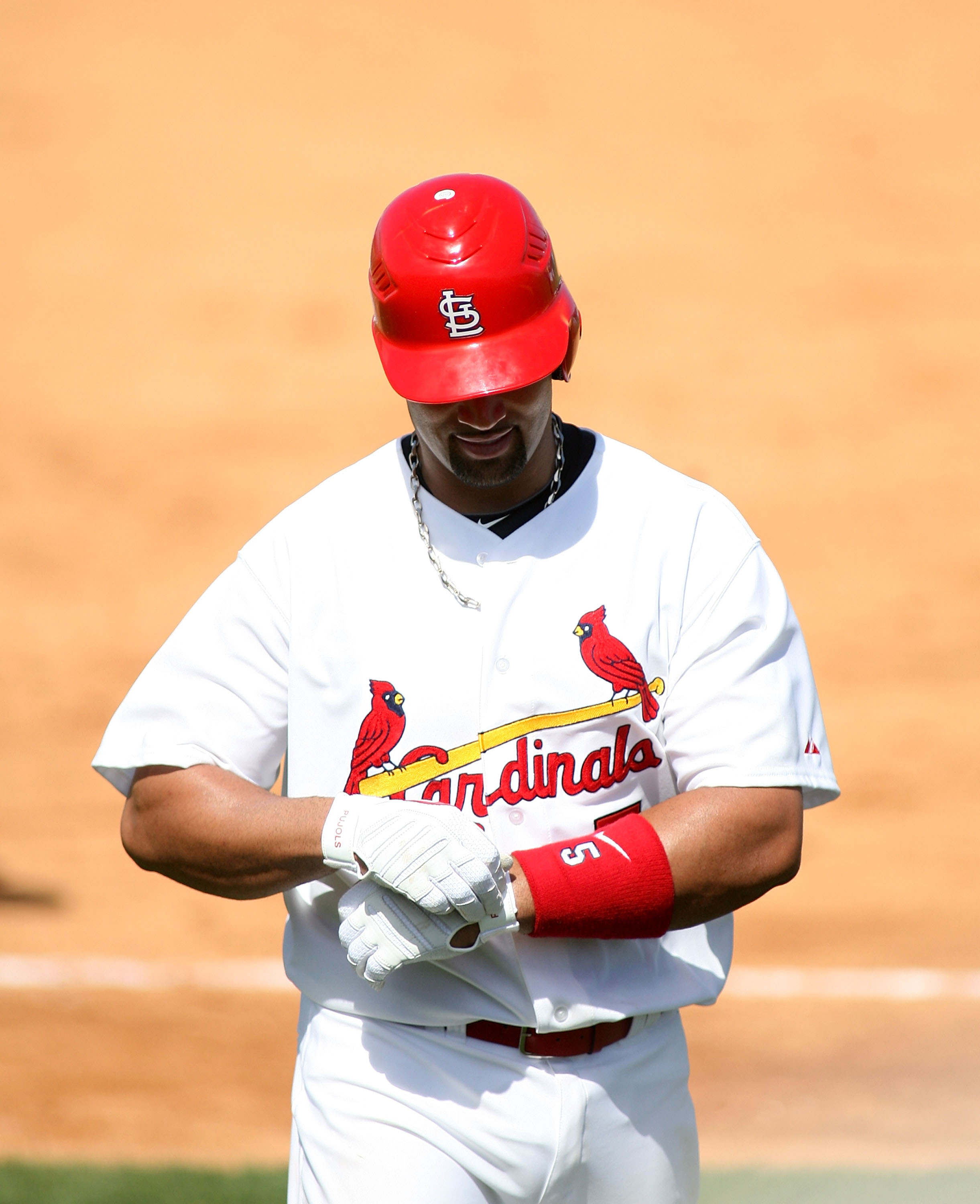 JUPITER, FL - FEBRUARY 28:  Albert Pujols #5 of the St. Louis Cardinals bats against the Florida Marlins at Roger Dean Stadium on February 28, 2011 in Jupiter, Florida.  (Photo by Marc Serota/Getty Images)
