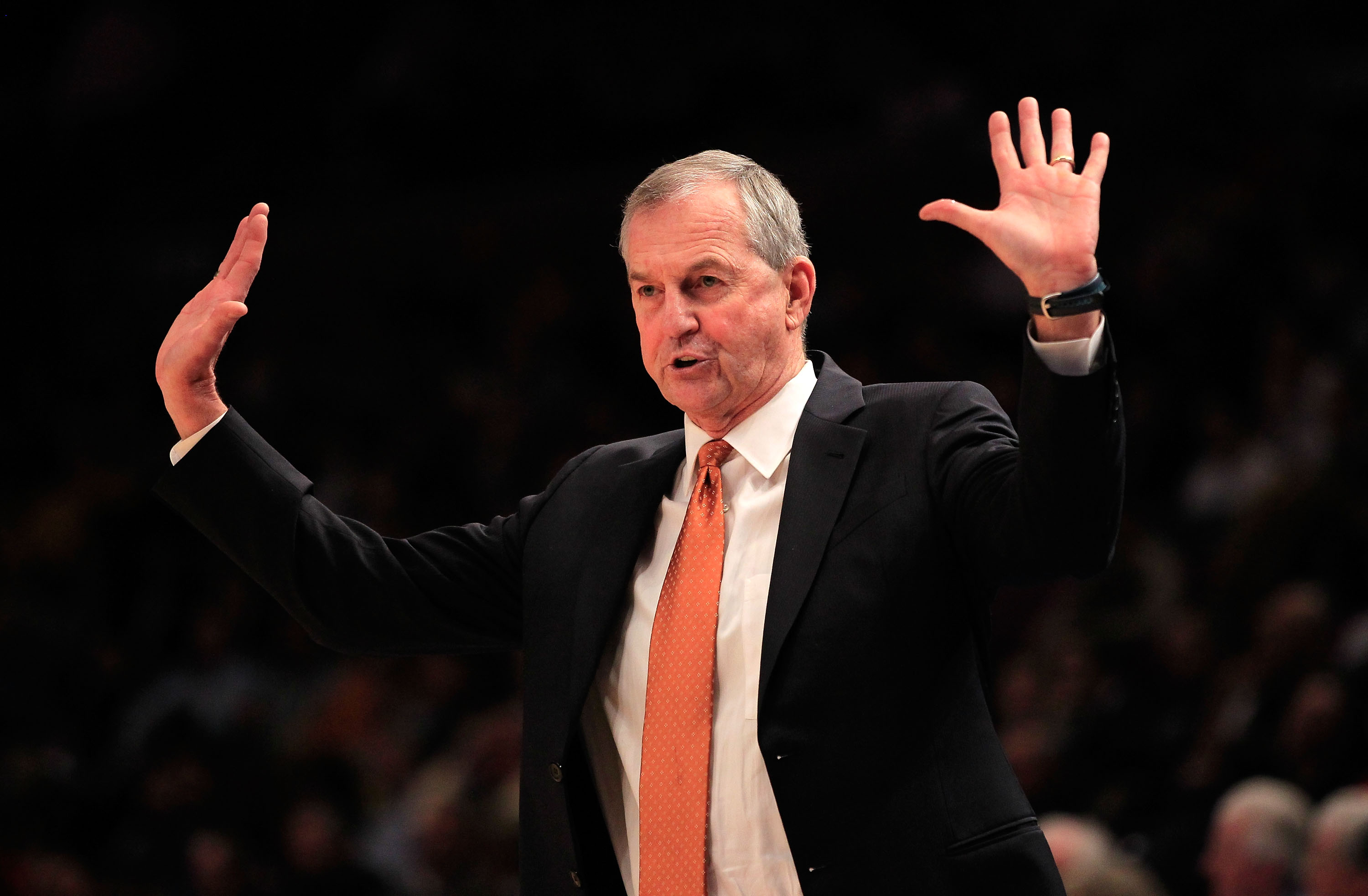 NEW YORK, NY - MARCH 10: Head coach Jim Calhoun of the Connecticut Huskies gestures from the bench against the Pittsburgh Panthers during the quarterfinals of the 2011 Big East Men's Basketball Tournament presented by American Eagle Outfitters at Madiso