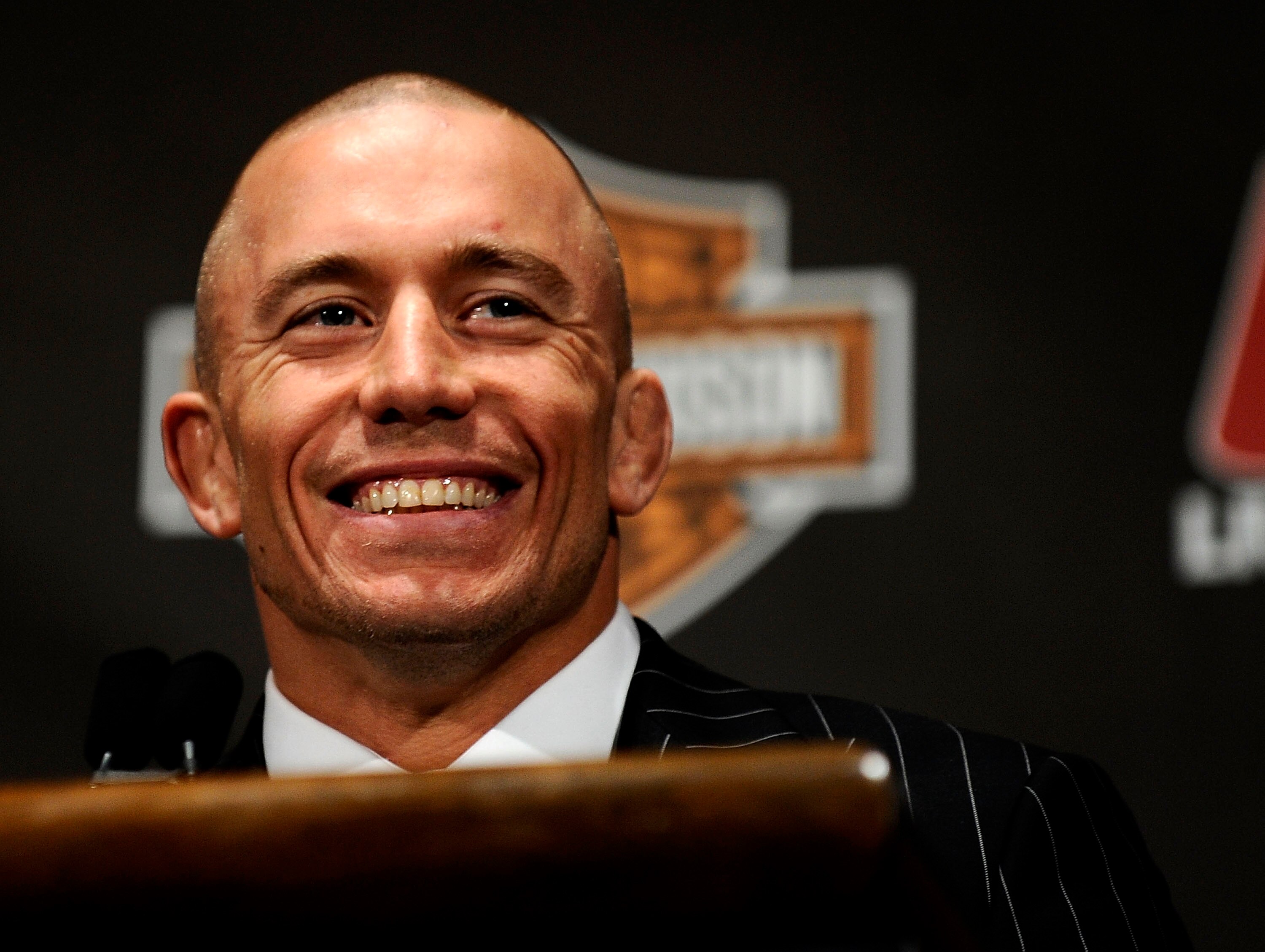 NEW YORK - MARCH 24:  Georges St-Pierre of Montreal, Quebec, Canada speaks at a press conference for UFC 111 at Radio City Music Hall on March 24, 2010 in New York City.  St-Pierre will face Dan Hardy of Nottingham UK in the Welterweight title bout.  (Pho