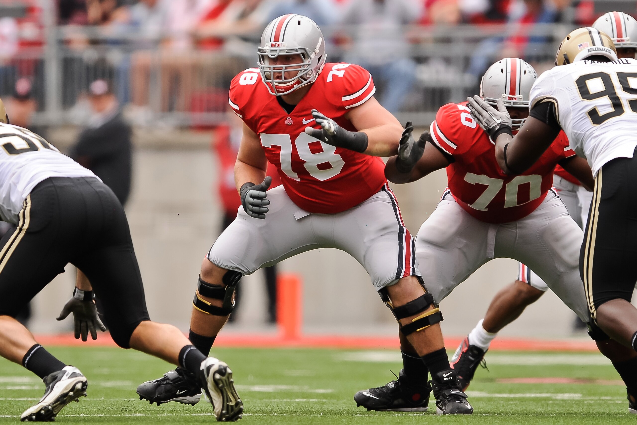 COLUMBUS, OH - OCTOBER 23:  Andrew Norwell #78 of the Ohio State Buckeyes blocks against the Purdue Boilermakers at Ohio Stadium on October 23, 2010 in Columbus, Ohio.  (Photo by Jamie Sabau/Getty Images)