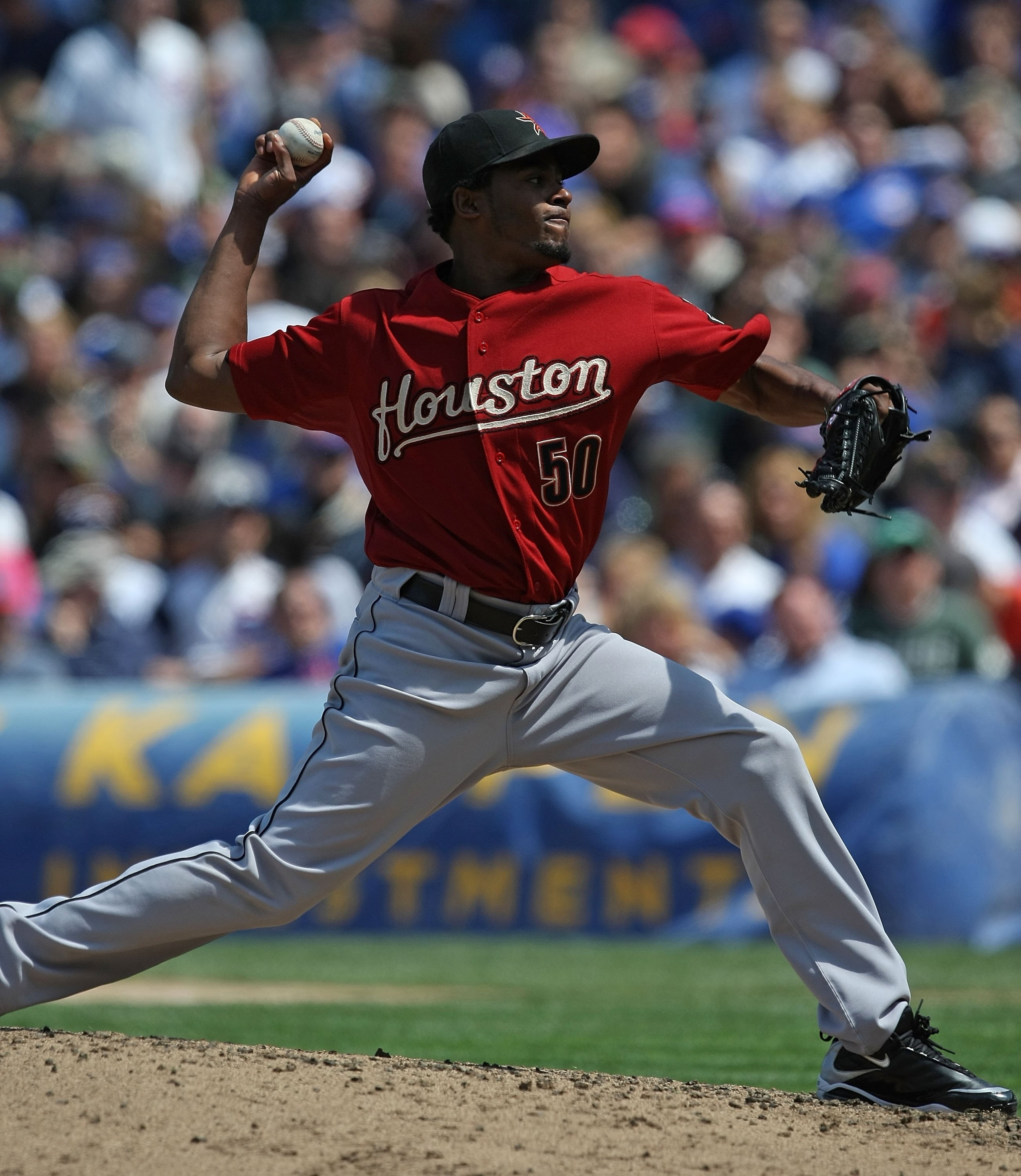 CHICAGO - MAY 16: Alberto Arias #50 of the Houston Astros delivers the ball against the Chicago Cubs on May 16, 2009 at Wrigley Field in Chicago, Illinois. The Cubs defeated the Astros 5-4. (Photo by Jonathan Daniel/Getty Images)