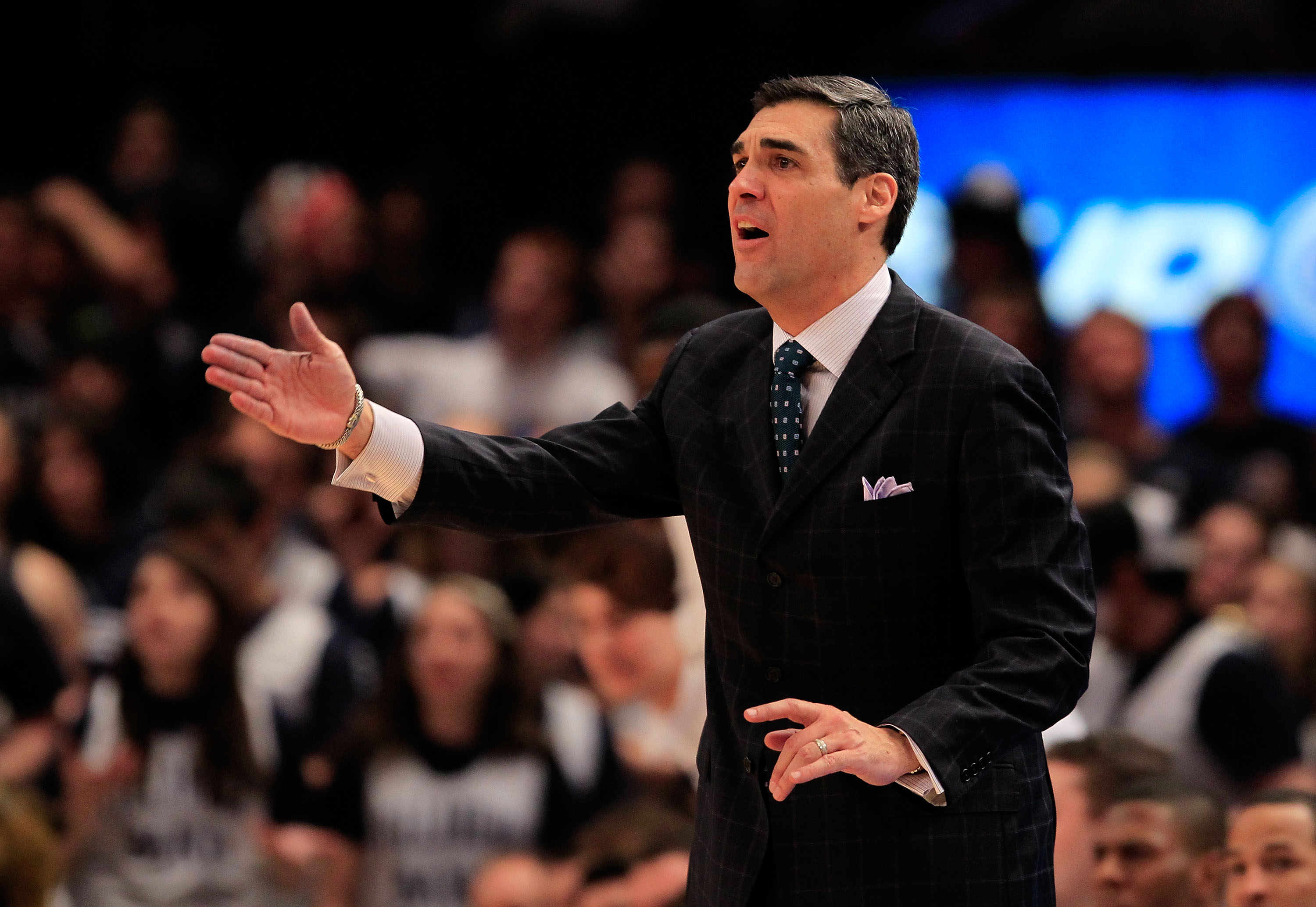 NEW YORK, NY - MARCH 08: Head coach Jay Wright of the Villanova Wildcats gestures from the bench against the South Florida Bulls during the first round of the 2011 Big East Men's Basketball Tournament presented by American Eagle Outfitters at Madison Squ