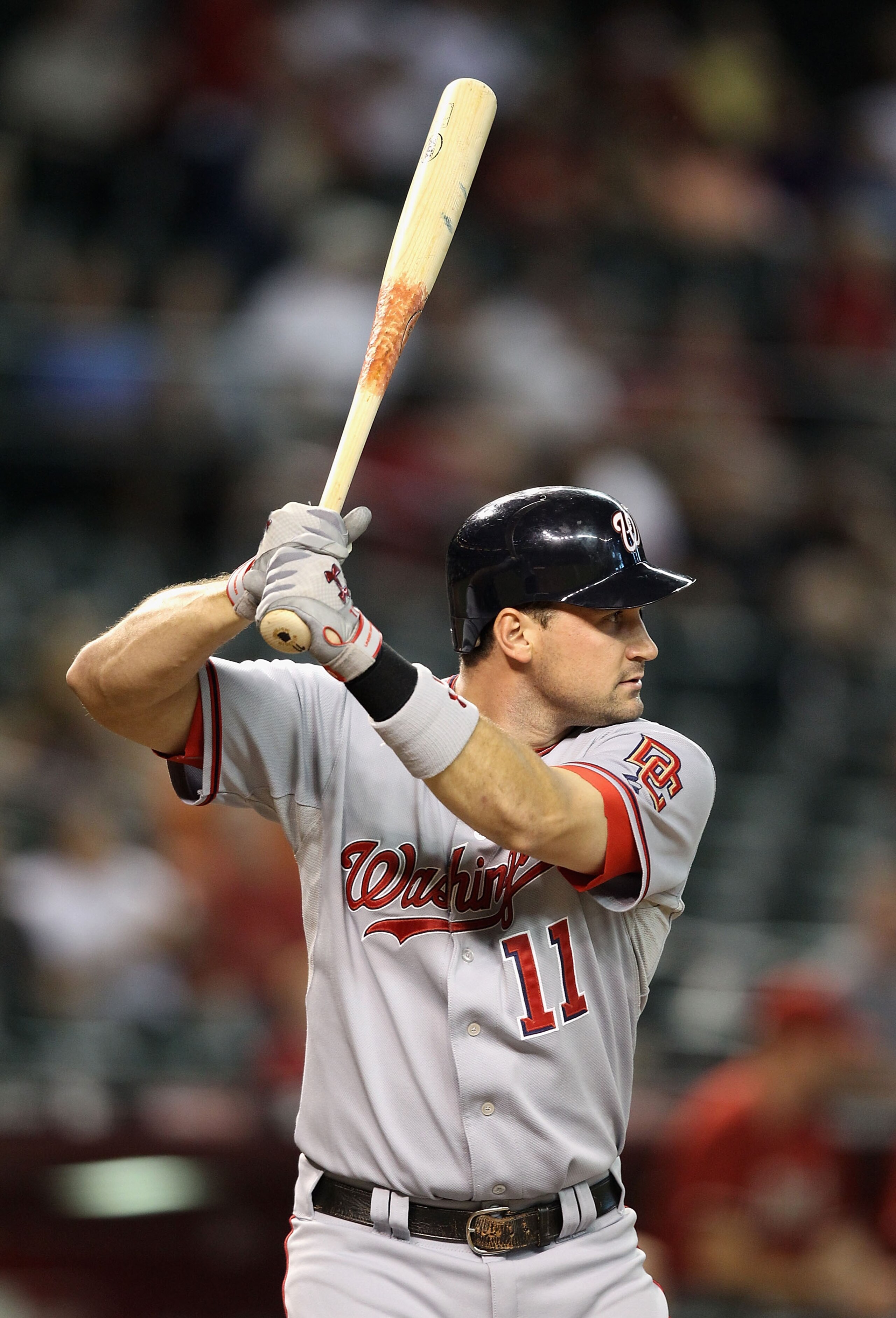 PHOENIX - AUGUST 04: Ryan Zimmerman #11 of the Washington Nationals at bat during the Major League Baseball game against the Arizona Diamondbacks at Chase Field on August 4, 2010 in Phoenix, Arizona. The Nationals defeated the Diamondbacks 7-2. (Photo b PHOENIX - AUGUST 04: Ryan Zimmerman #11 of the Washington Nationals at bat during the Major League Baseball game against the Arizona Diamondbacks at Chase Field on August 4, 2010 in Phoenix, Arizona. The Nationals defeated the Diamondbacks 7-2. (Photo b