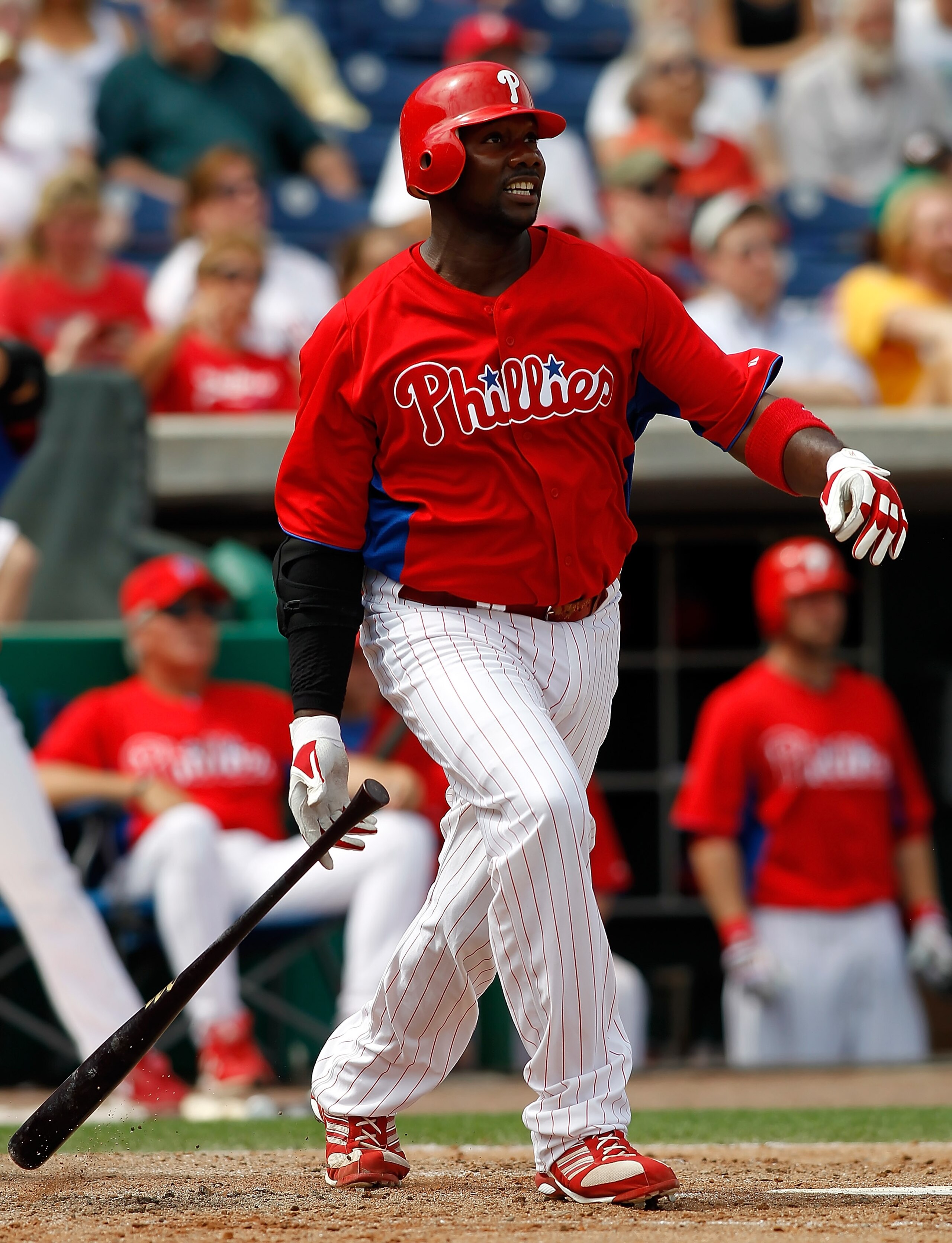 CLEARWATER, FL - MARCH 06: First baseman Ryan Howard #6 of the Philadelphia Phillies watches his second inning home run against the Tampa Bay Rays during a Grapefruit League Spring Training Game at Bright House Field on March 6, 2011 in Sarasota, Florida CLEARWATER, FL - MARCH 06: First baseman Ryan Howard #6 of the Philadelphia Phillies watches his second inning home run against the Tampa Bay Rays during a Grapefruit League Spring Training Game at Bright House Field on March 6, 2011 in Sarasota, Florida