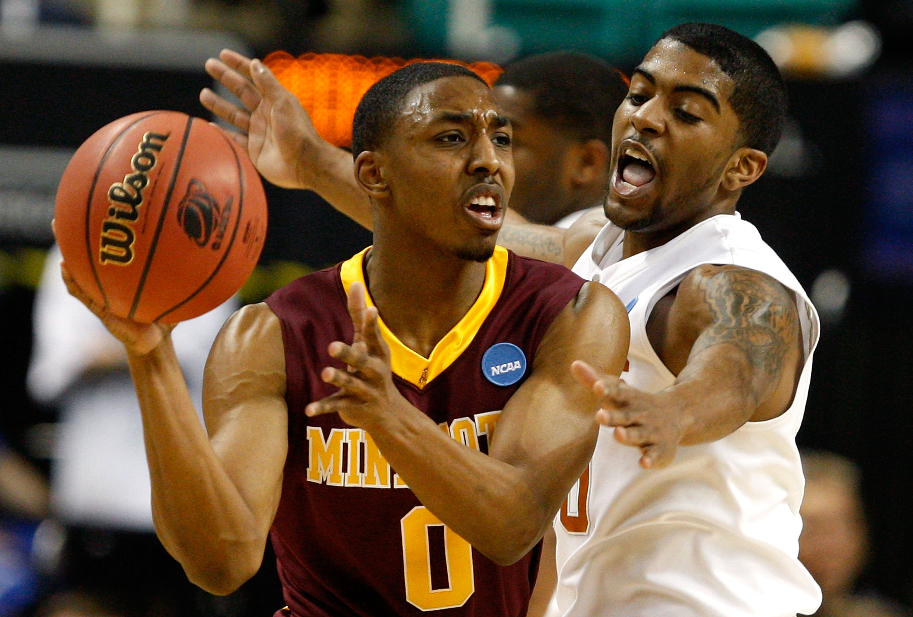 GREENSBORO, NC - MARCH 19: Varez Ward #50 of the Texas Longhorns defends against Al Nolen #0 of the Minnesota Golden Gophers during the first round of the NCAA Division I Men's Basketball Tournament at the Greensboro Coliseum on March 19, 2009 in Greensb