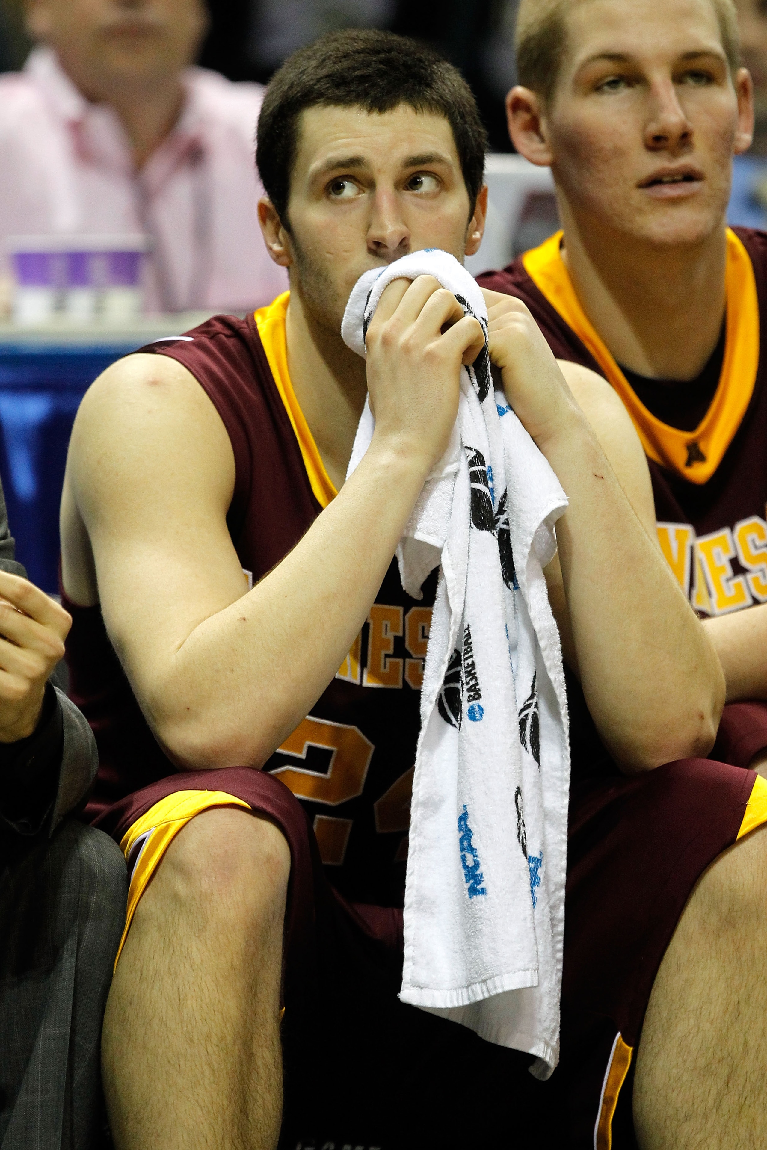 MILWAUKEE - MARCH 19:  Blake Hoffarber #24 of the Minnesota Golden Gophers reacts from the bench late in the second half against the Xavier Musketeers during the first round of the 2010 NCAA men's basketball tournament at the Bradley Center on March 19, 2