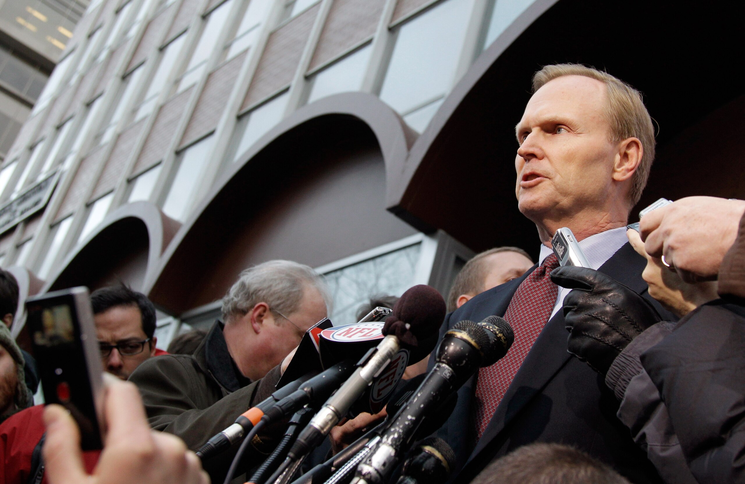 WASHINGTON, DC - MARCH 11:  New York Giants owner John Mara addresses the media at a news conference outside the Federal Mediation and Conciliation Service building March 11, 2011 in Washington, DC. The NFLPA has filed for decertification and will no long