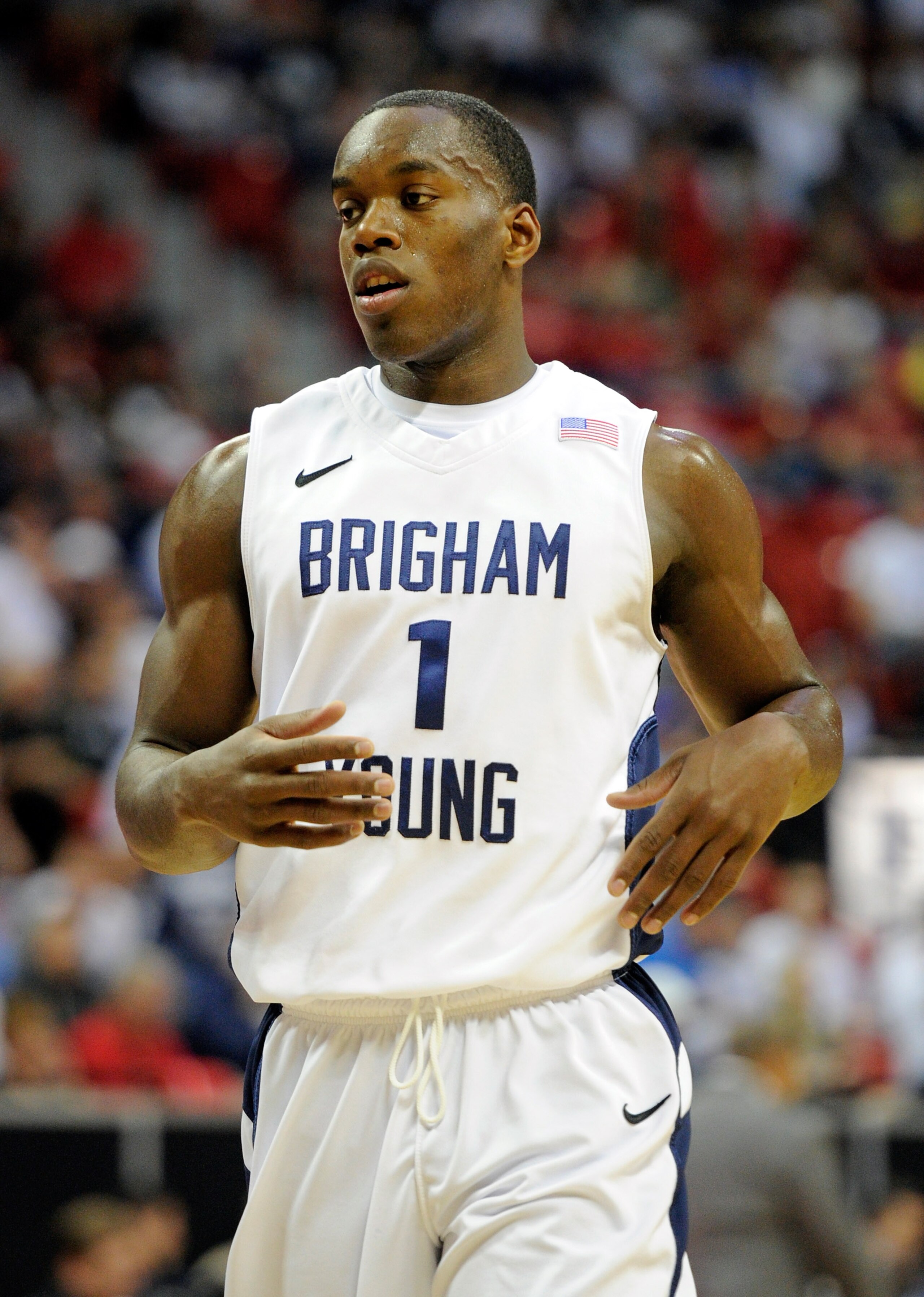 LAS VEGAS, NV - MARCH 10:  Charles Abouo #1 of the Brigham Young University Cougars appears on the court during a quarterfinal game of the Conoco Mountain West Conference Basketball tournament against the Texas Christian University Horned Frogs at the Tho