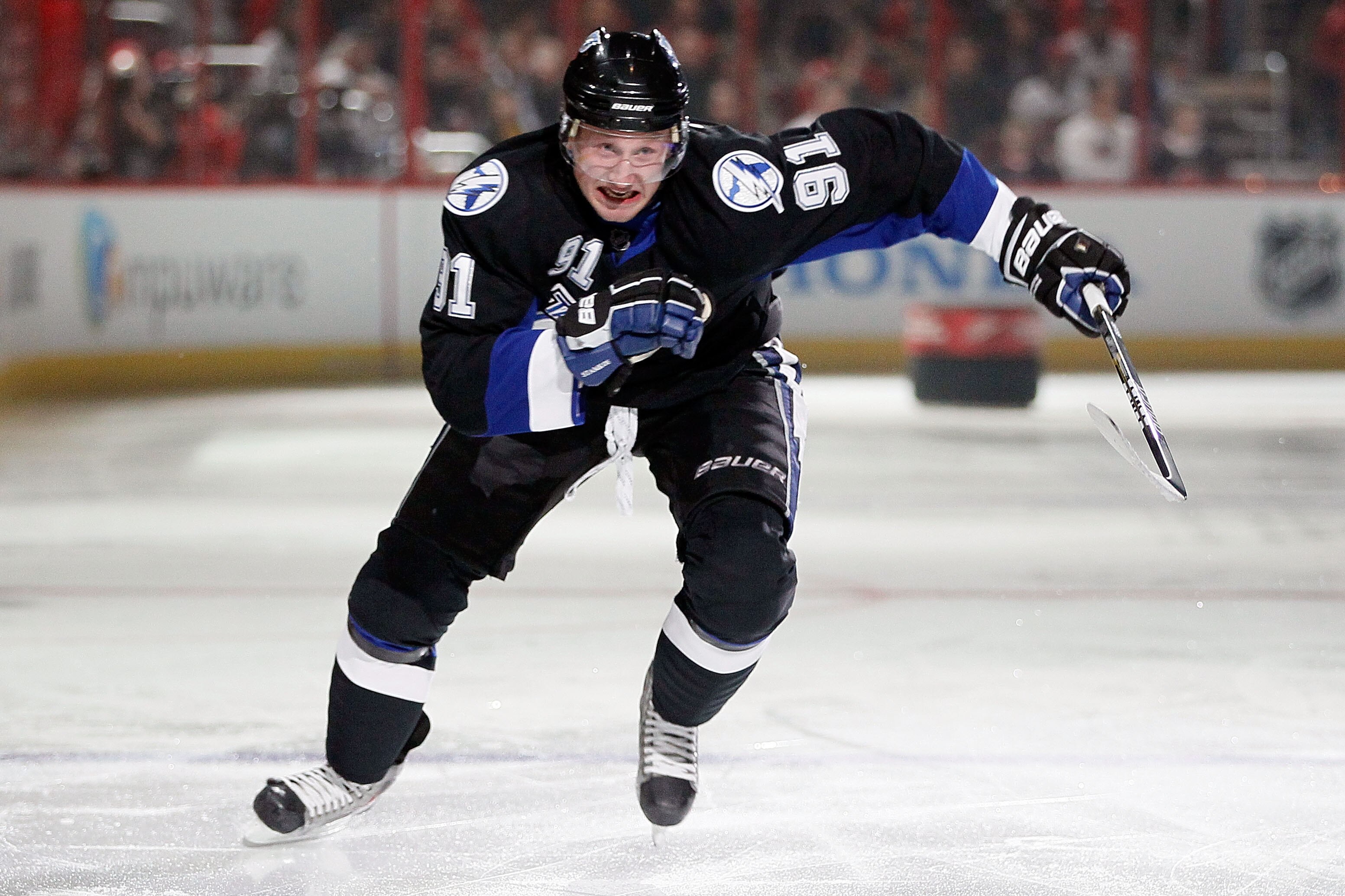 RALEIGH, NC - JANUARY 29: Steven Stamkos #91 of the Tampa Bay Lightning competes for fastest skater during the Honda NHL SuperSkills competition part of 2011 NHL All-Star Weekend at the RBC Center on January 29, 2011 in Raleigh, North Carolina.  (Photo by