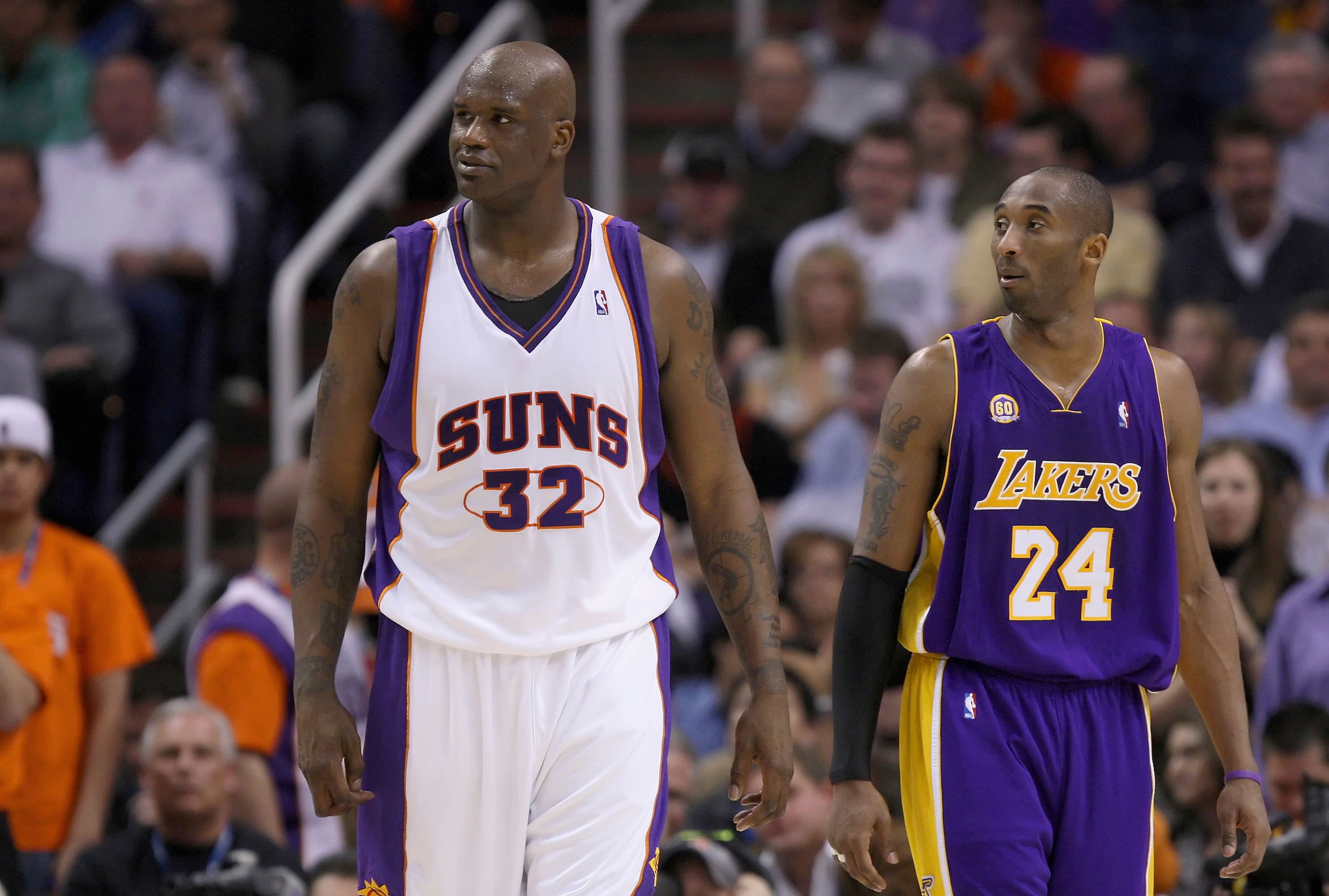 PHOENIX - FEBRUARY 20:   Shaquille O'Neal #32 of the Phoenix Suns and Kobe Bryant #24 of the Los Angeles Lakers talk during the game at US Airways Center on February 20, 2008 in Phoenix, Arizona.  NOTE TO USER: User expressly acknowledges and agrees that,
