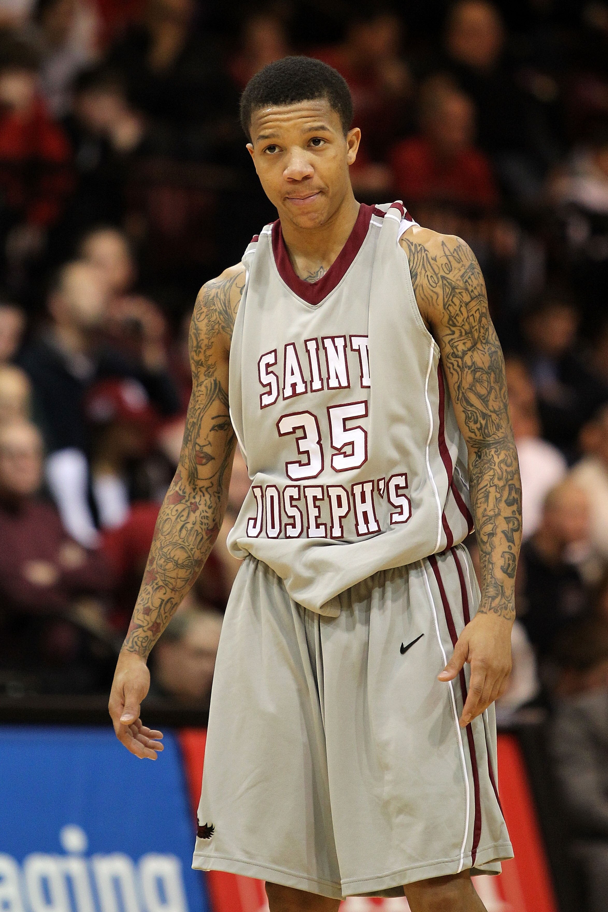 PHILADELPHIA, PA - DECEMBER 08:  Carl Jones #35 of the St. Joseph's Hawks looks on against the Minnesota Golden Gophers at Michael J. Hagan Arena on December 8, 2010 in Philadelphia, Pennsylvania.  (Photo by Chris Chambers/Getty Images)