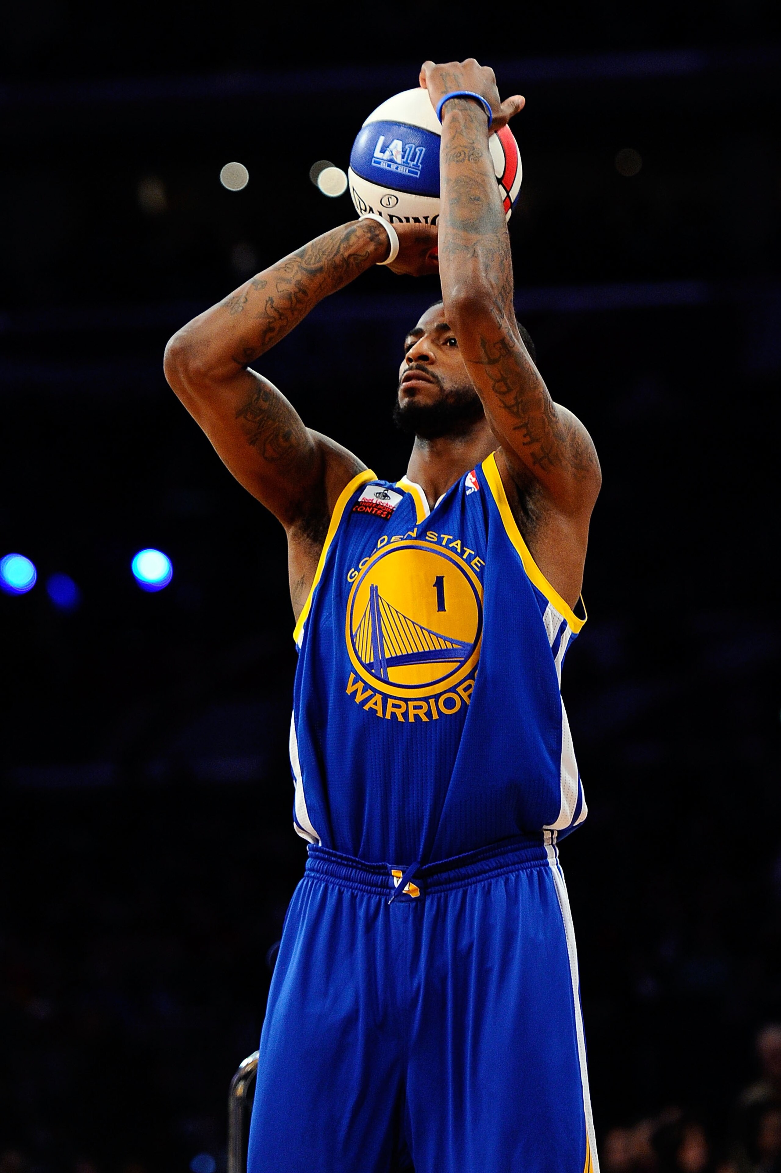 LOS ANGELES, CA - FEBRUARY 19:  Dorell Wright #1 of the Golden State Warriors competes in the Foot Locker Three-Point Contest apart of NBA All-Star Saturday Night at Staples Center on February 19, 2011 in Los Angeles, California.  (Photo by Kevork Djansez
