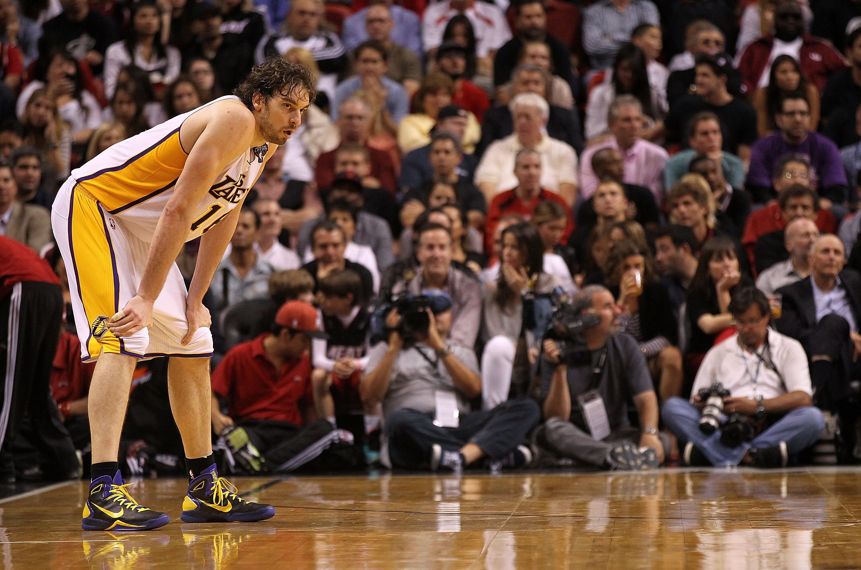 MIAMI, FL - MARCH 10: Pau Gasol #16 of the Los Angeles Lakers looks on during a game against the Miami Heat at American Airlines Arena on March 10, 2011 in Miami, Florida. NOTE TO USER: User expressly acknowledges and agrees that, by downloading and/or us