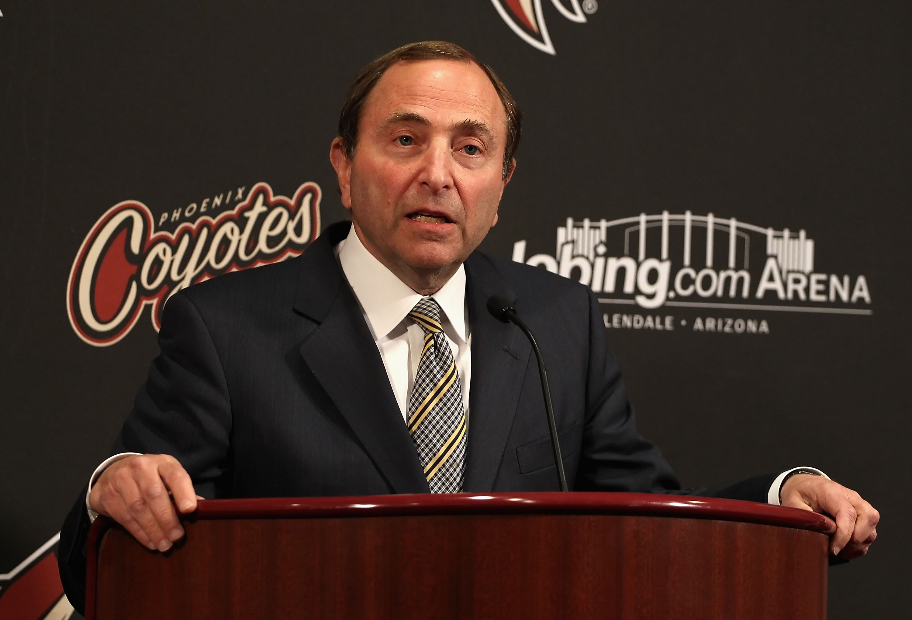 GLENDALE, AZ - MARCH 08:  NHL commissioner Gary Bettman speaks during a press conference before the NHL game between the Vancouver Canucks and the Phoenix Coyotes at Jobing.com Arena on March 8, 2011 in Glendale, Arizona.  (Photo by Christian Petersen/Get