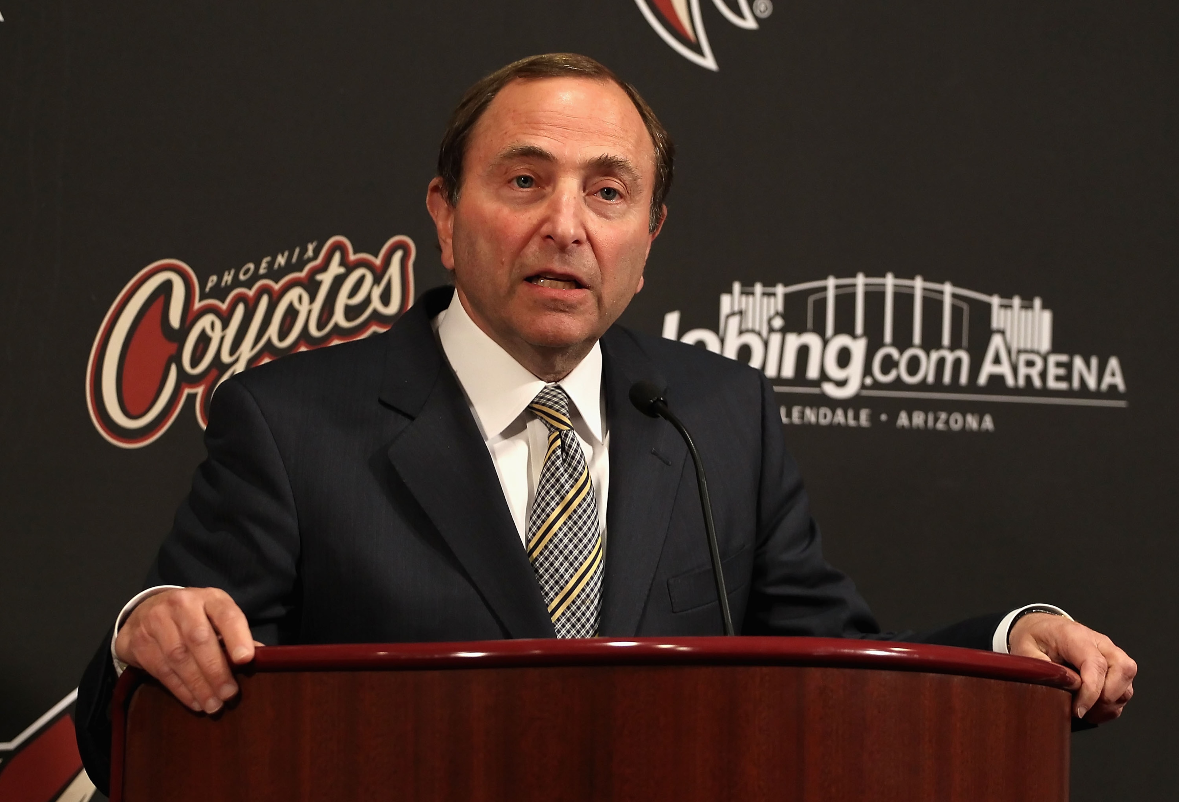 GLENDALE, AZ - MARCH 08:  NHL commissioner Gary Bettman speaks during a press conference before the NHL game between the Vancouver Canucks and the Phoenix Coyotes at Jobing.com Arena on March 8, 2011 in Glendale, Arizona.  (Photo by Christian Petersen/Get