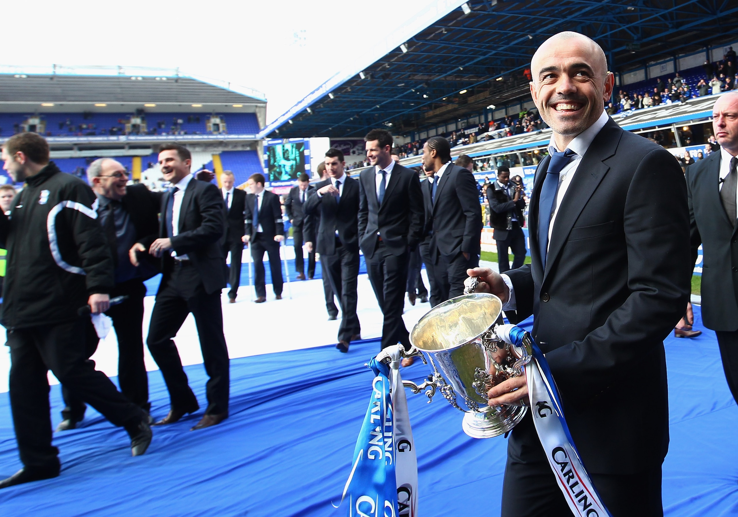 BIRMINGHAM, ENGLAND - MARCH 06:  Stephen Carr, captain of Birmingham City, with the Carling Cup trophy as he parades around their home ground during the Birmingham City Carling Cup Civic Reception at St Andrews on March 6, 2011 in Birmingham, England.  (P