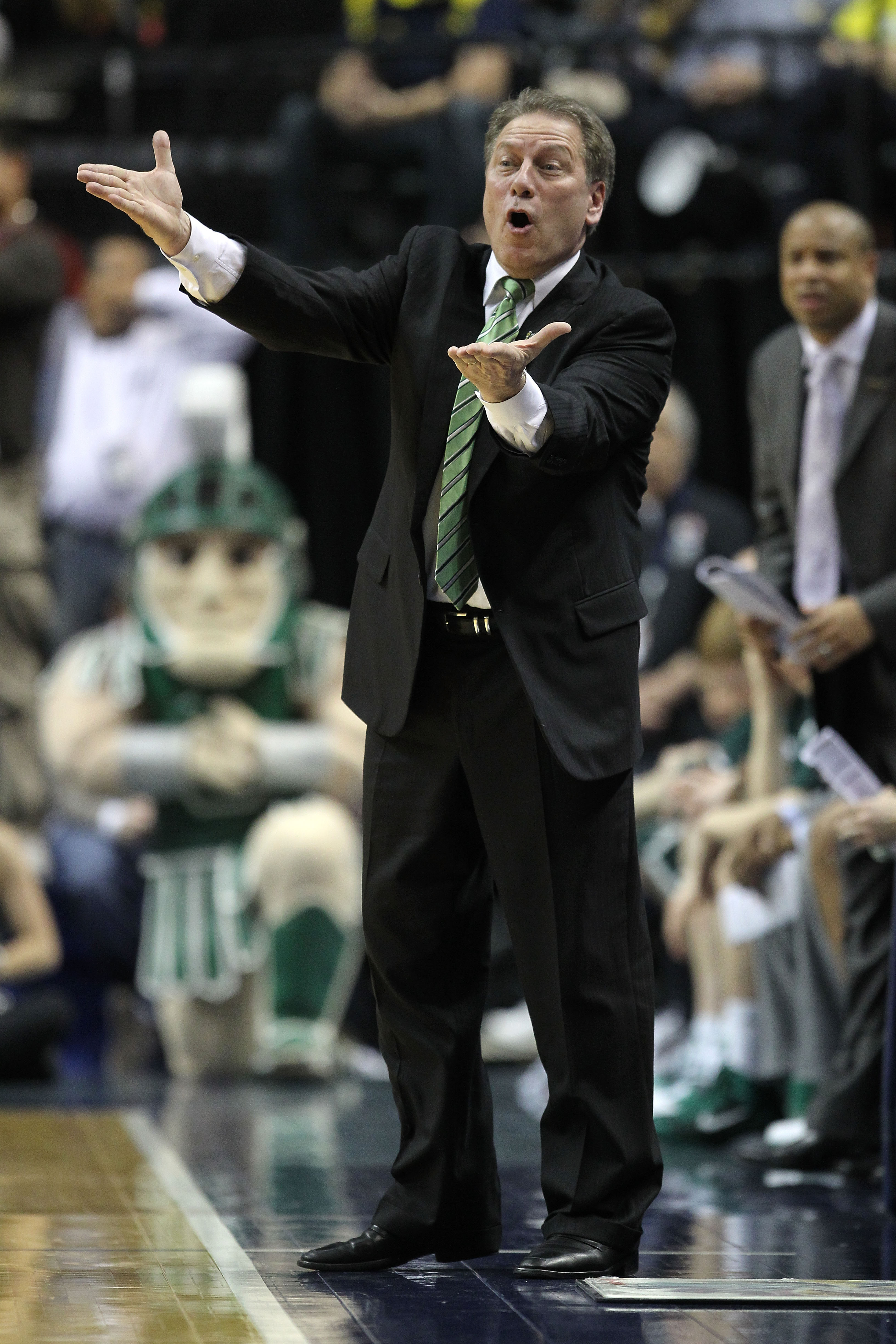 INDIANAPOLIS, IN - MARCH 11: Head coach Tom Izzo of the Michigan State Spartans reacts against the Purdue Boilermakers during the quarterfinals of the 2011 Big Ten Men's Basketball Tournament at Conseco Fieldhouse on March 11, 2011 in Indianapolis, India