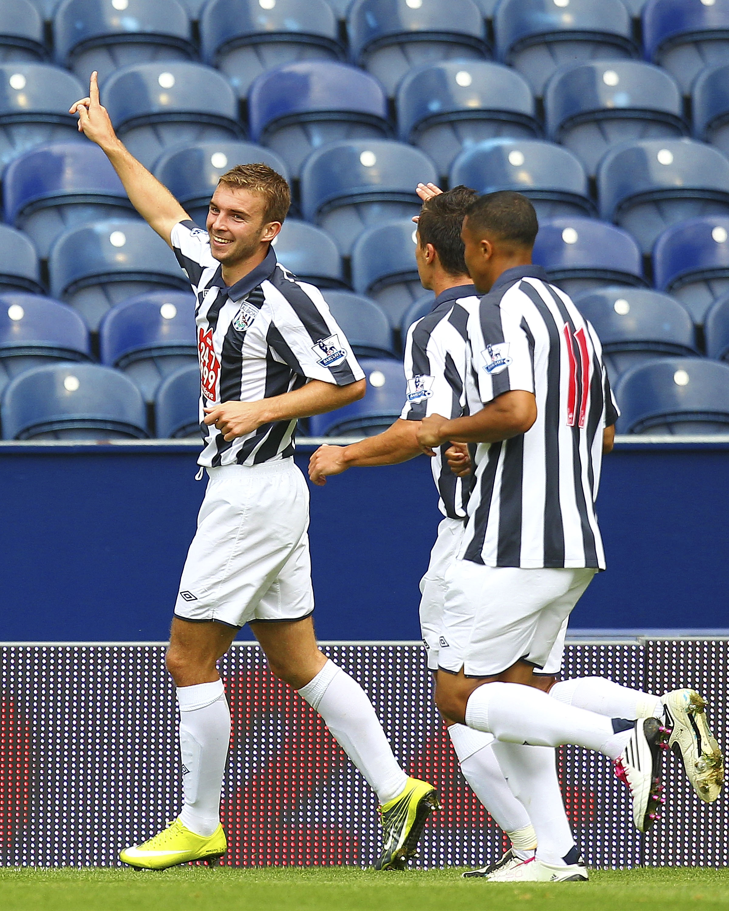 WEST BROMWICH, ENGLAND - AUGUST 07: James Morrison (L) of West Bromwich Albion celebrates his goal during the pre season friendly match between West Bromwich Albion and Osasuna at The Hawthorns on August 07, 2010 in West Bromwich, England. (Photo by Tom D