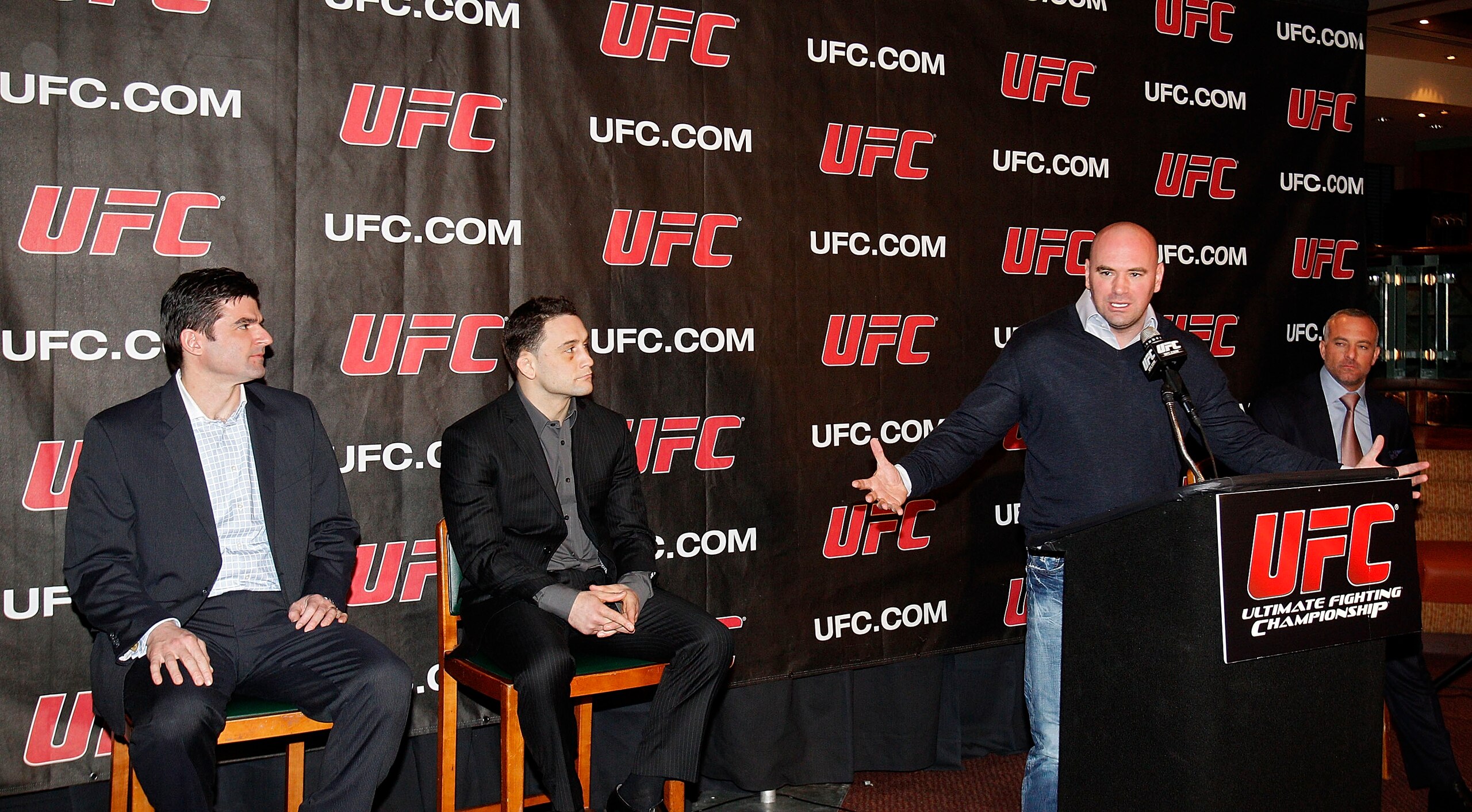 NEW YORK, NY - JANUARY 13: Scott O'Neil, Frankie Edgar, Dana White and Lorenzo Fertitta during a press conference to announce commitment to bring UFC to Madison Square Garden and New York State at Madison Square Garden on January 13, 2011 in New York City