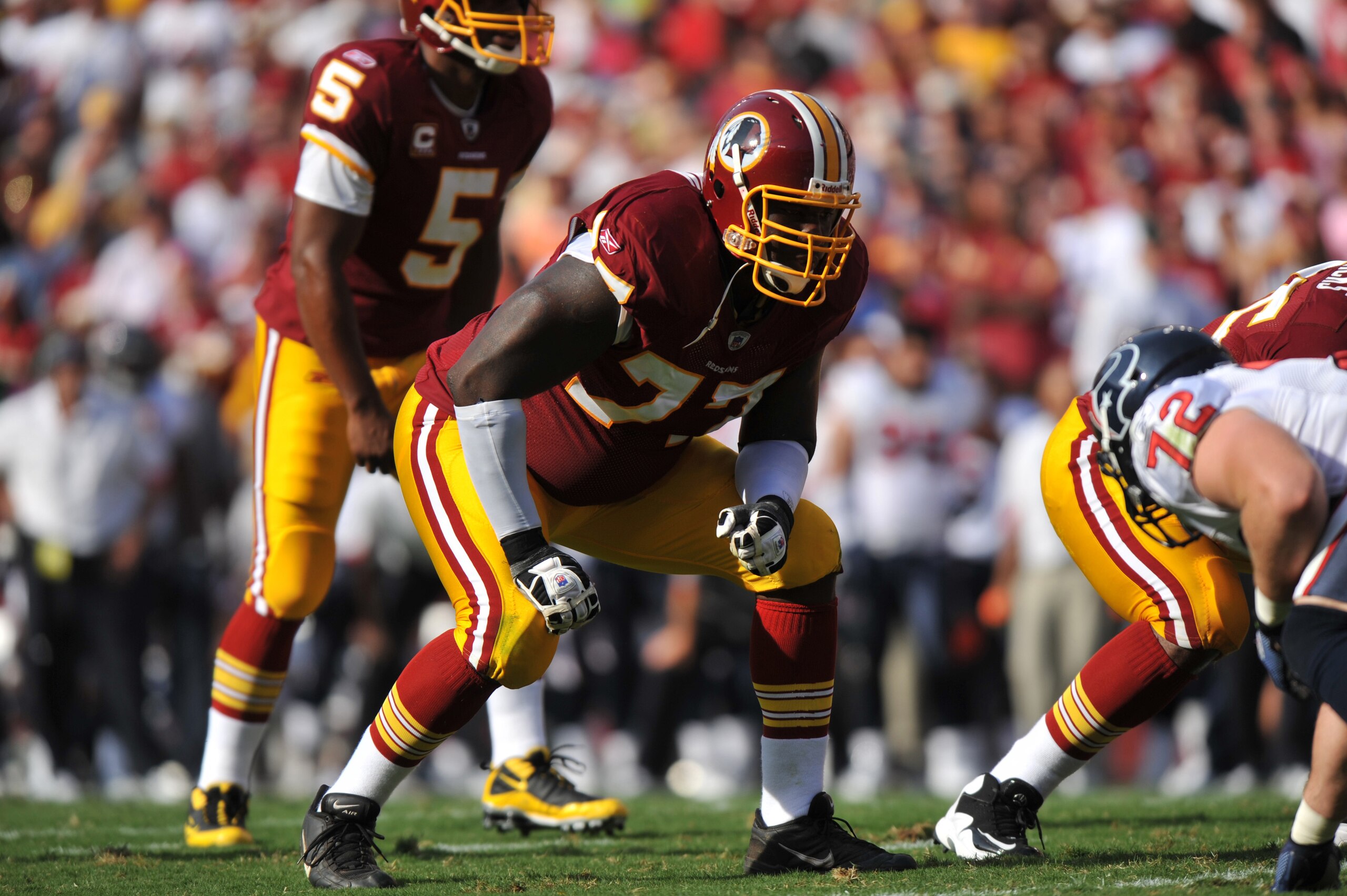 LANDOVER - SEPTEMBER 19:  Jammal Brown #77 of the Washington Redskins defends against the Houston Texans at FedExField on September 19, 2010 in Landover, Maryland. The Texans defeated the Redskins in overtime 30-27. (Photo by Larry French/Getty Images)