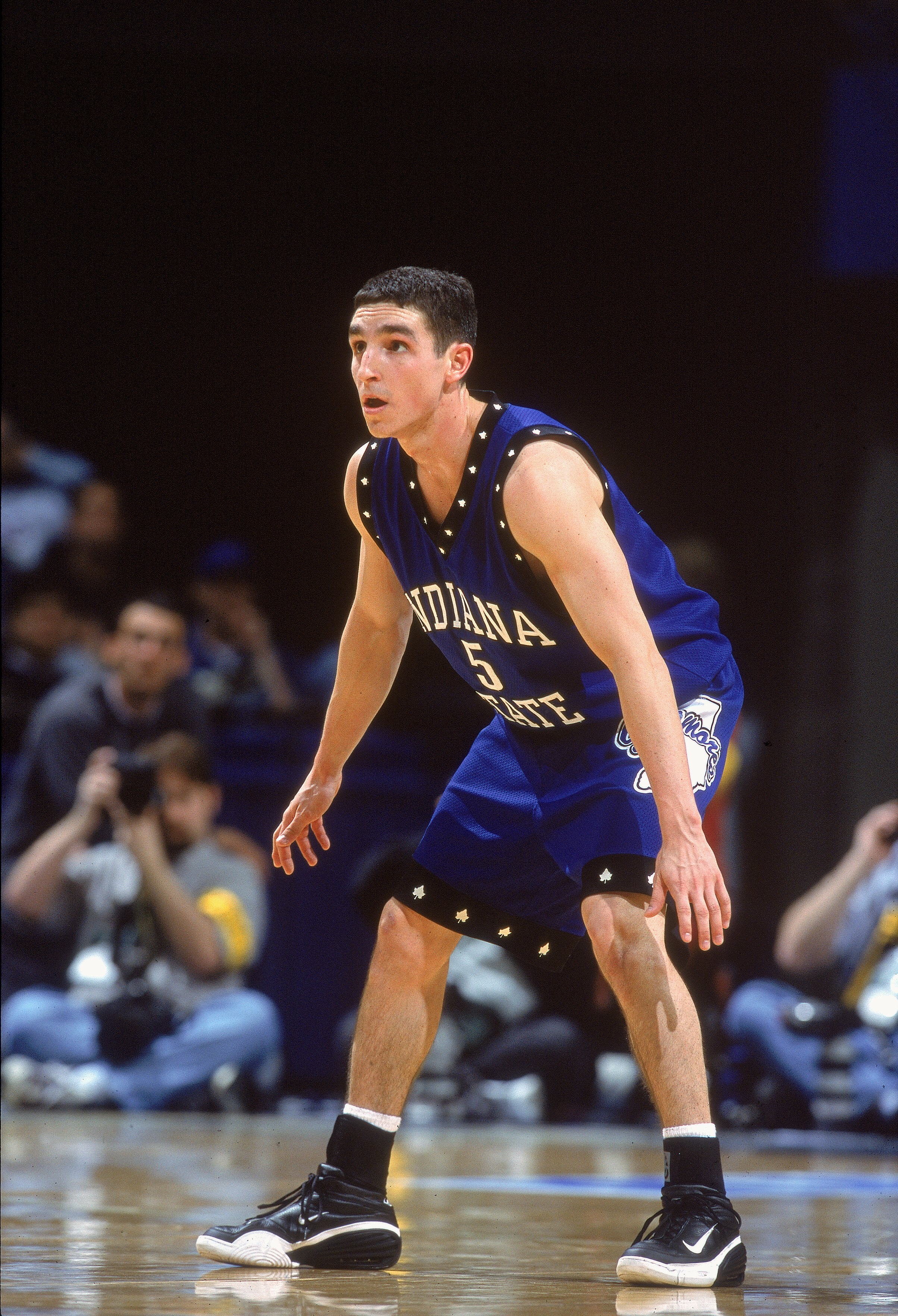 16 Mar 2001:  Michael Menser #5 of the Indiana State Sycamores guards on the court during the game against the Oklahoma State Cowboys at The Pyramid Arena in Memphis, Tennessee. The Sycamore defeated the Cowboys 70-68.Mandatory Credit: Tom Hauck  /Allspor