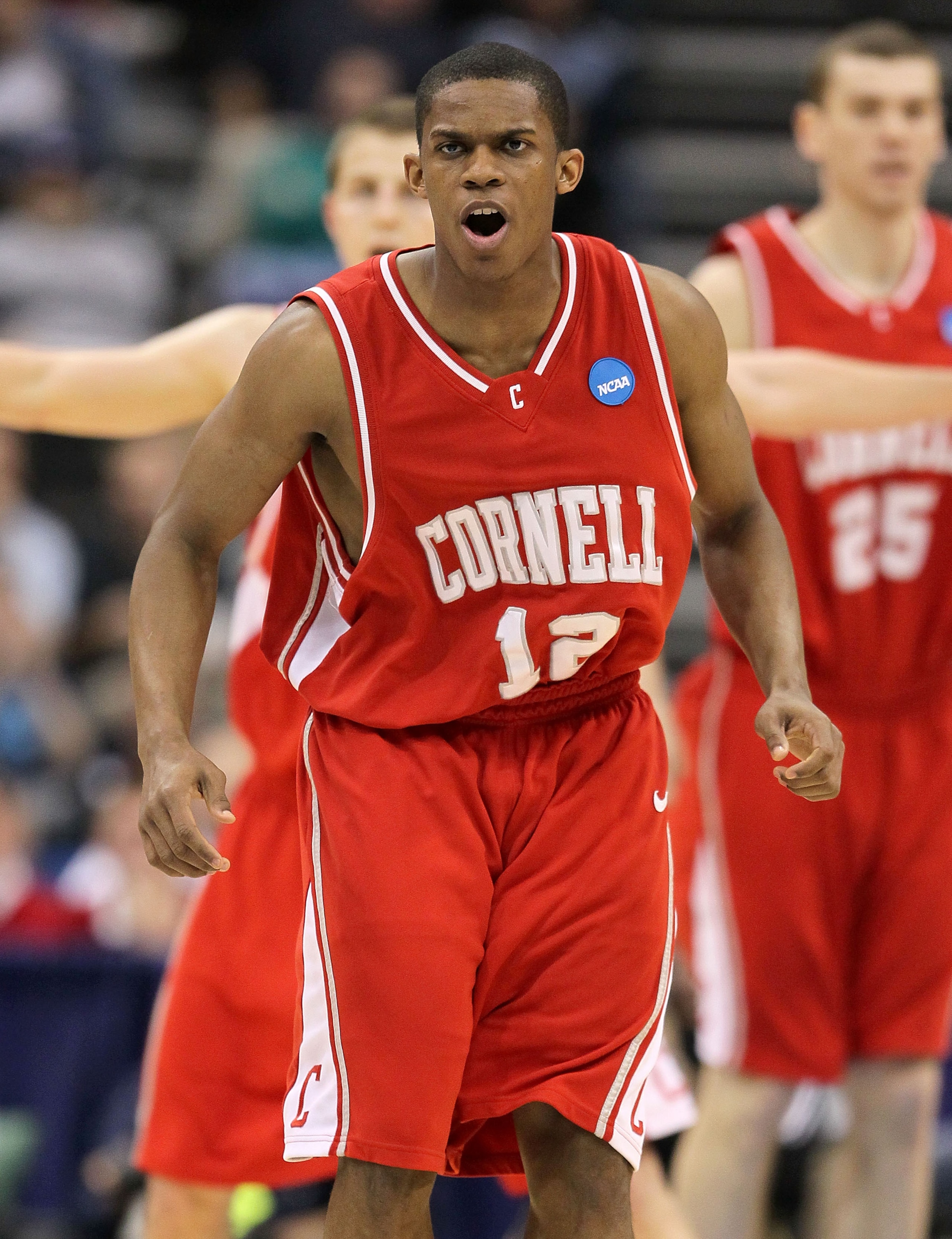 JACKSONVILLE, FL - MARCH 21: Louis Dale #12 of the Cornell Big Red celebrates in the game against the Wisconsin Badgers during the second round of the 2010 NCAA men's basketball tournament at Jacksonville Veteran's Memorial Arena on March 21, 2010 in Jac JACKSONVILLE, FL - MARCH 21: Louis Dale #12 of the Cornell Big Red celebrates in the game against the Wisconsin Badgers during the second round of the 2010 NCAA men's basketball tournament at Jacksonville Veteran's Memorial Arena on March 21, 2010 in Jac