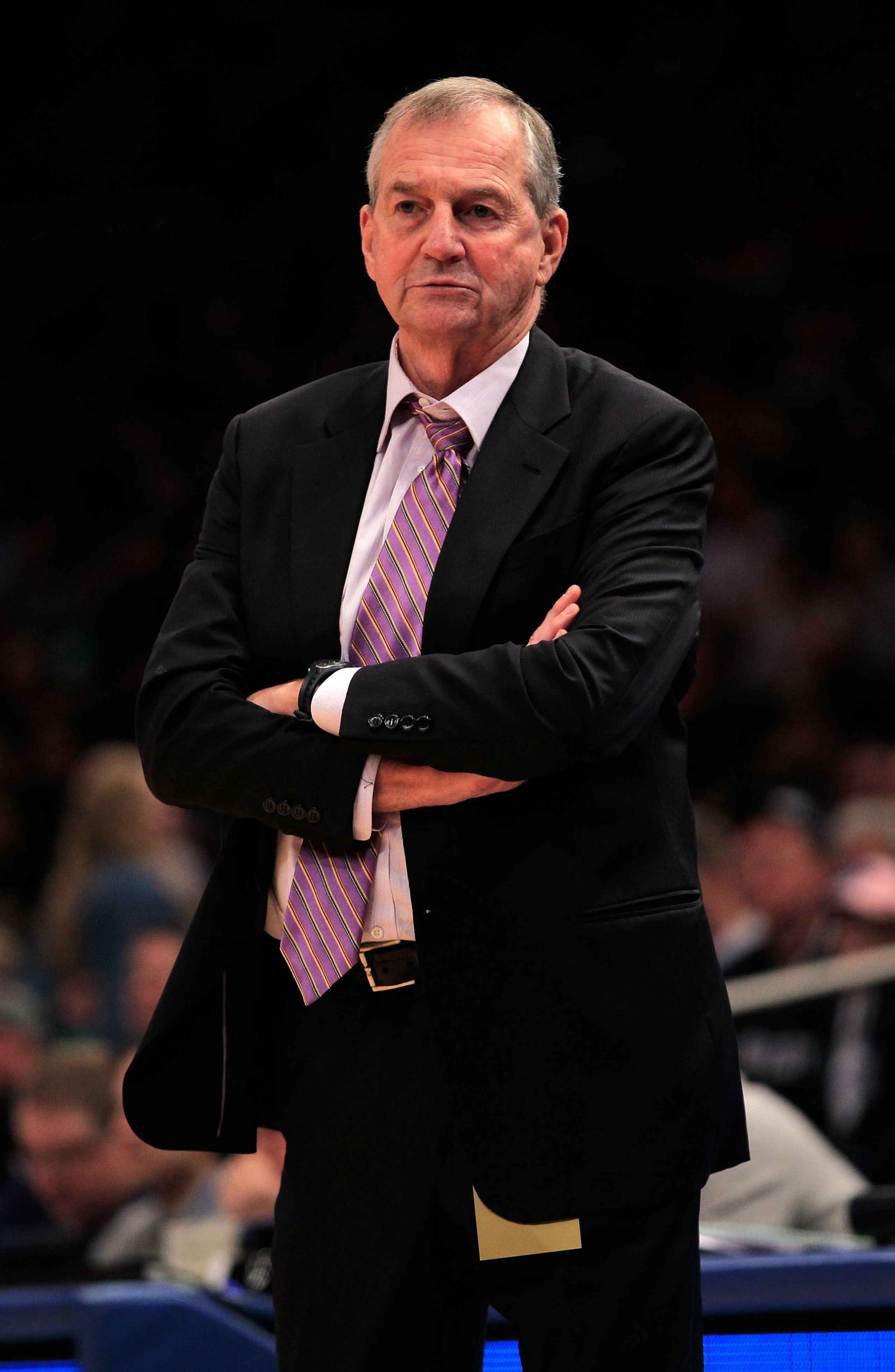 NEW YORK, NY - MARCH 12: Head coach Jim Calhoun of the Connecticut Huskies looks on from the bench during the game against the Louisville Cardinals during the championship of the 2011 Big East Men's Basketball Tournament presented by American Eagle Outfit