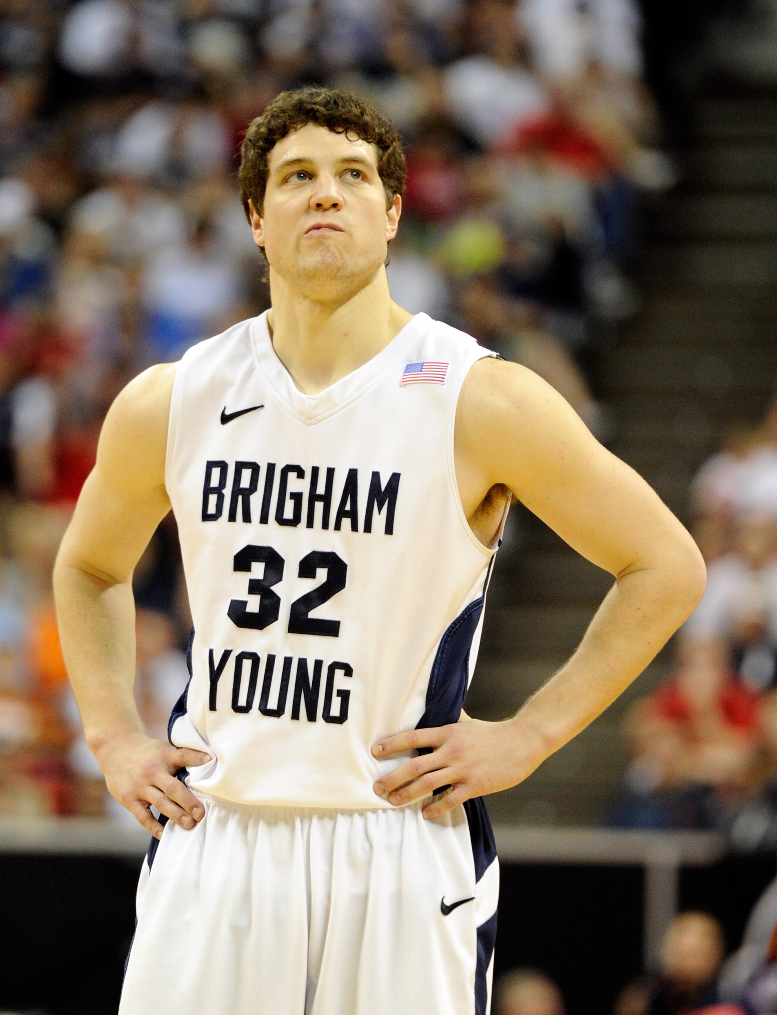 LAS VEGAS, NV - MARCH 12: Jimmer Fredette #32 of the Brigham Young University Cougars reacts during BYU's 72-54 loss to the San Diego State Aztecs in the championship game of the Conoco Mountain West Conference Basketball tournament at the Thomas & Mack LAS VEGAS, NV - MARCH 12: Jimmer Fredette #32 of the Brigham Young University Cougars reacts during BYU's 72-54 loss to the San Diego State Aztecs in the championship game of the Conoco Mountain West Conference Basketball tournament at the Thomas & Mack