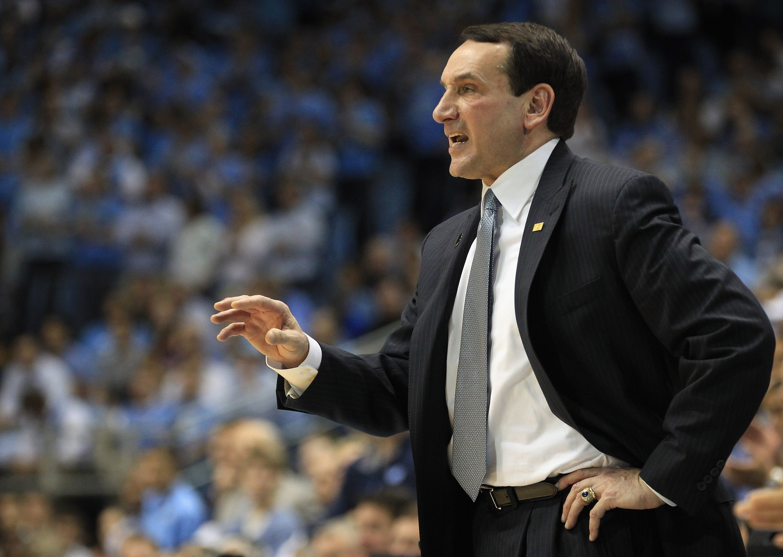 CHAPEL HILL, NC - MARCH 05:  Head coach Mike Krzyzewski of the Duke Blue Devils yells to his team against the North Carolina Tar Heels during their game at the Dean E. Smith Center on March 5, 2011 in Chapel Hill, North Carolina.  (Photo by Streeter Lecka