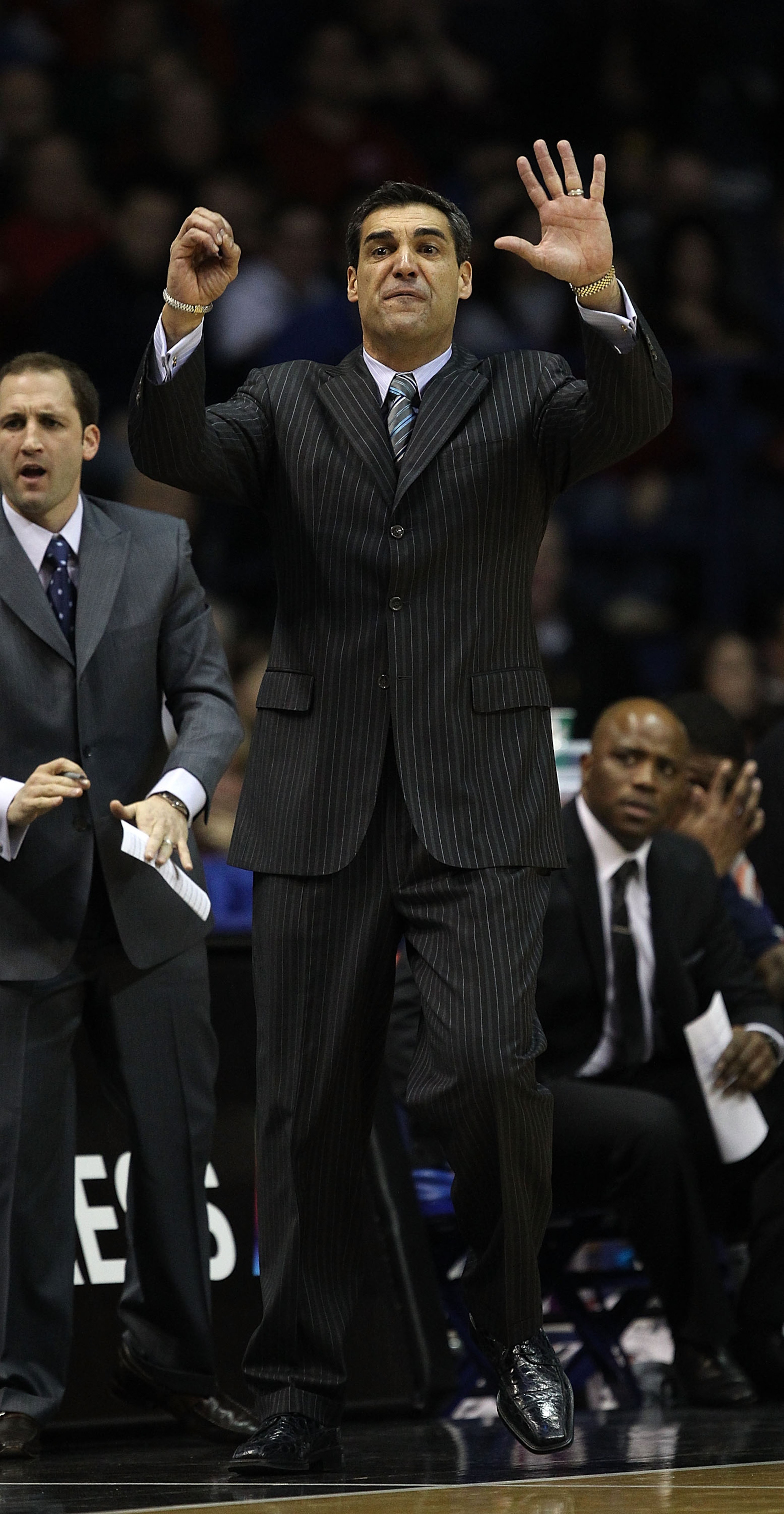 ROSEMONT, IL - FEBRUARY 19: Head coach Jay Wright of the Villanova Wildcats gives insructions to his team during a game against the DePaul Blue Demons at the Allstate Arena on February 19, 2011 in Rosemont, Illinois. Villanova defeated DePaul 77-75 in ove