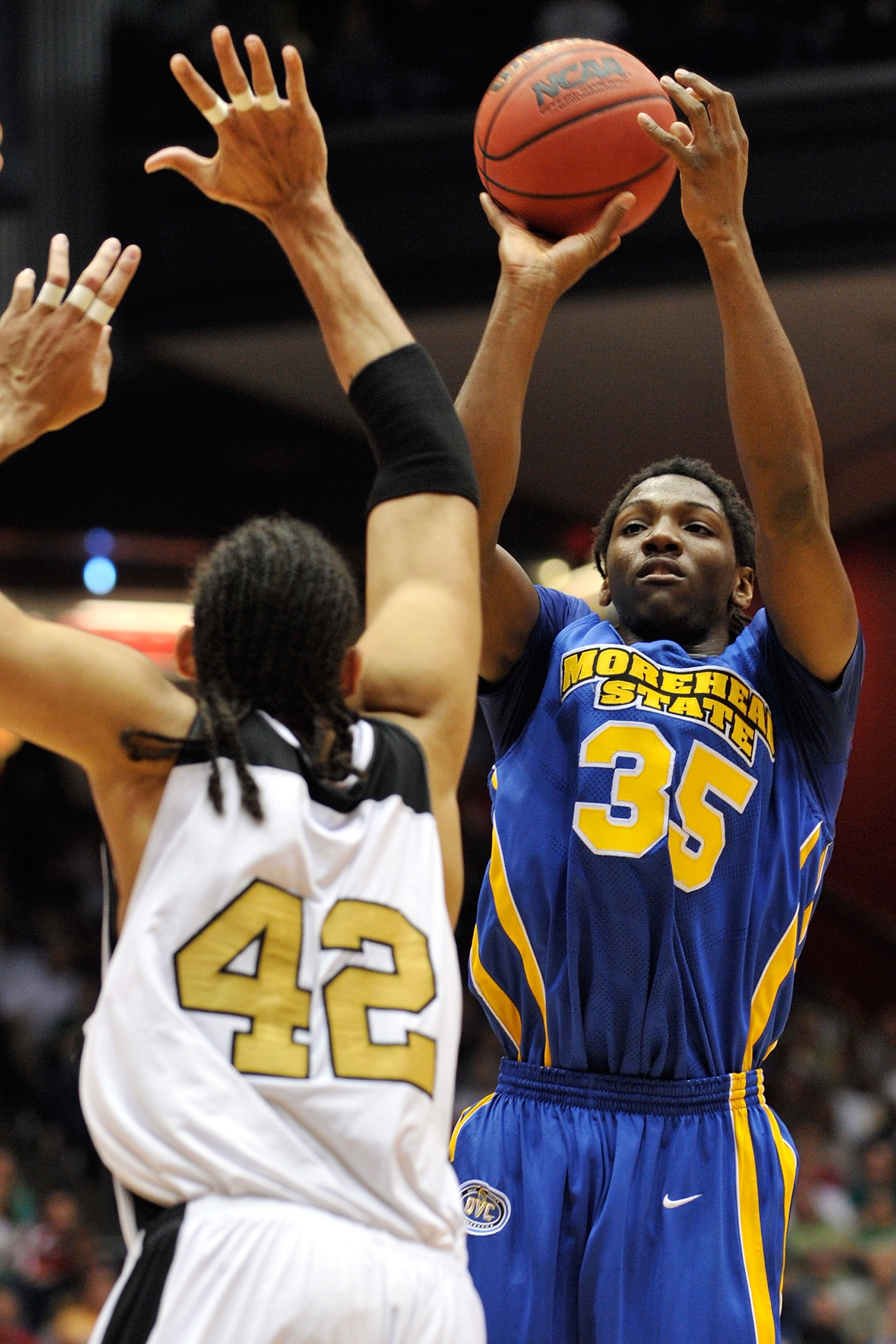 DAYTON, OH - MARCH 17: Kenneth Faried #35 of Morehead State Eagles takes a shot over Chief Kickingstallionsims #42 of the Alabama State Hornets during the opening round of the Men's NCAA Tournament on March 17, 2009 at the University of Dayton Arena in Da